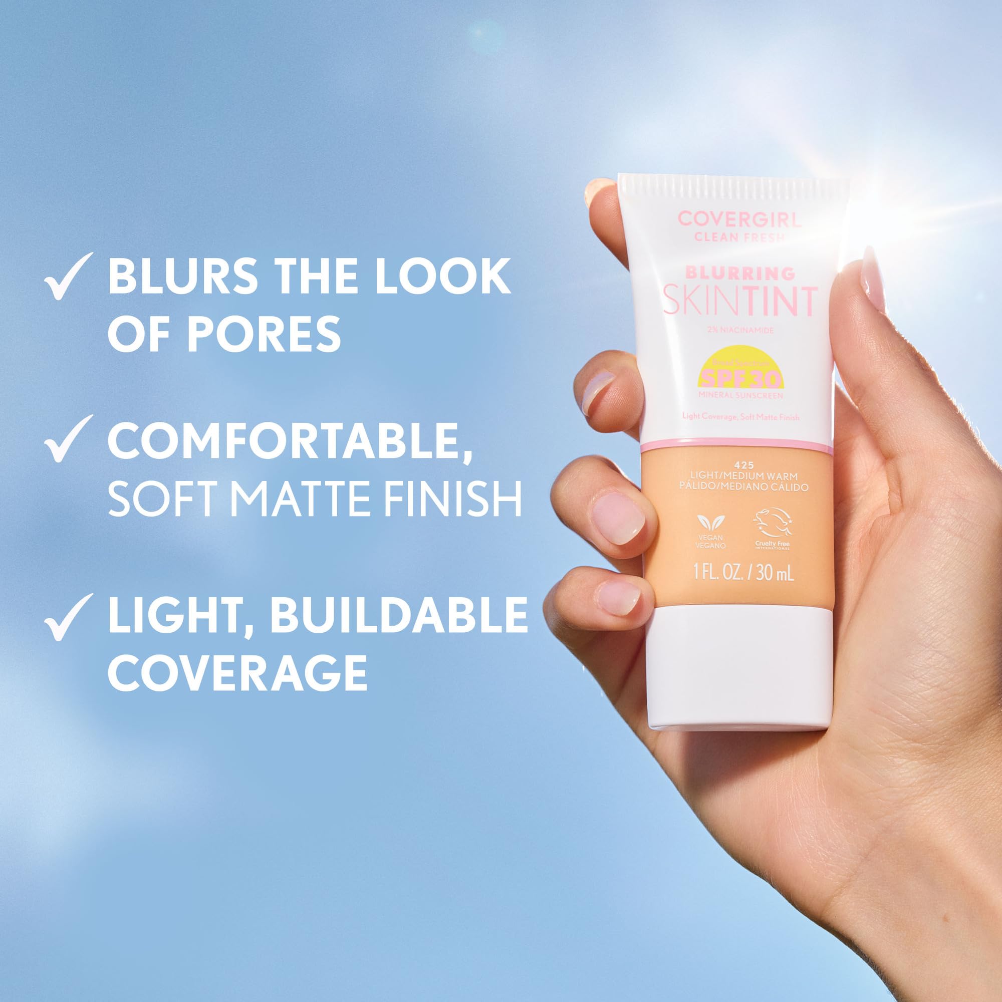 COVERGIRL Clean Fresh Blurring Skin Tint mineral sunscreen seal communicates UVA/UVB protection