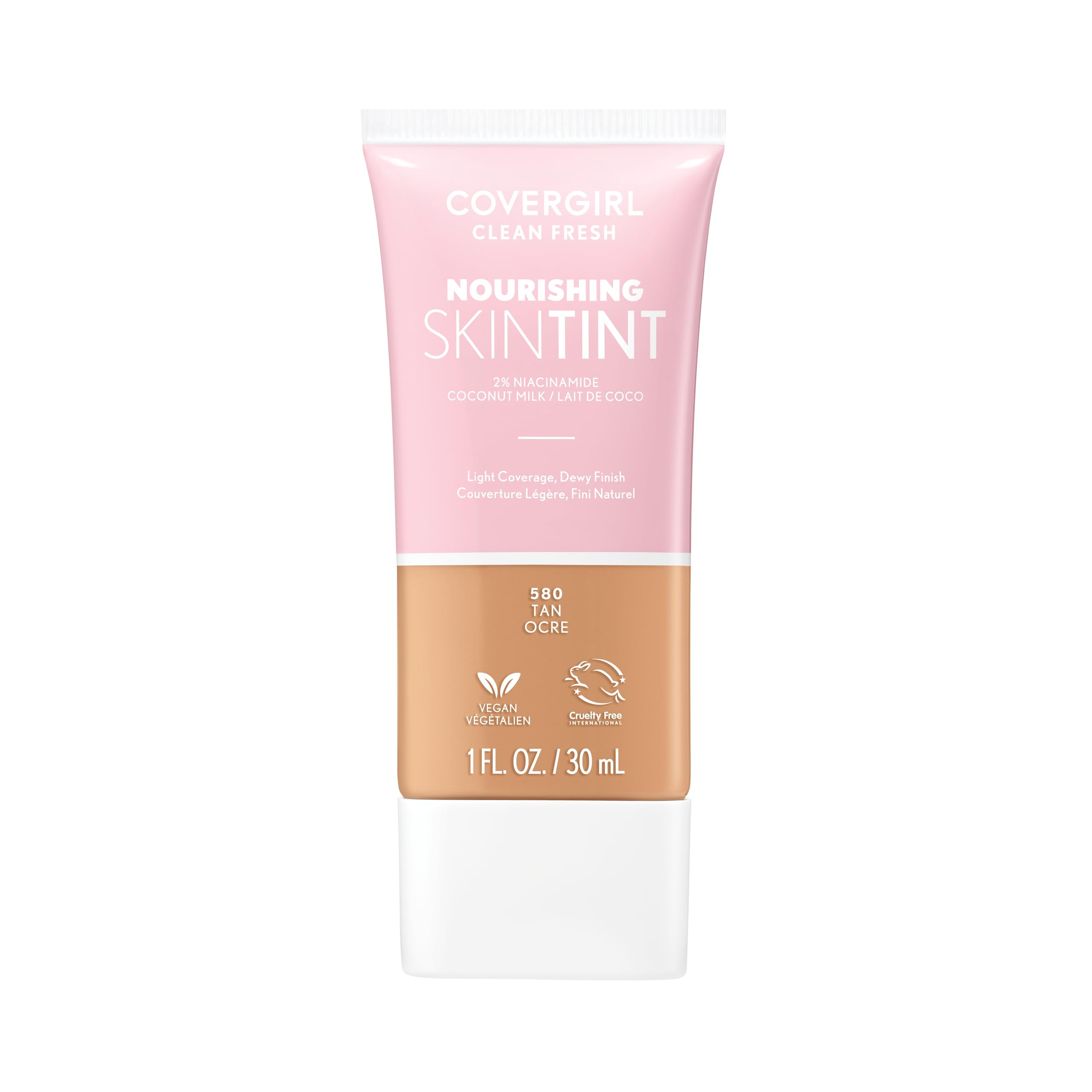 COVERGIRL Clean Fresh Nourishing Skin Tint 580 Tan bottle front with dewy glow.