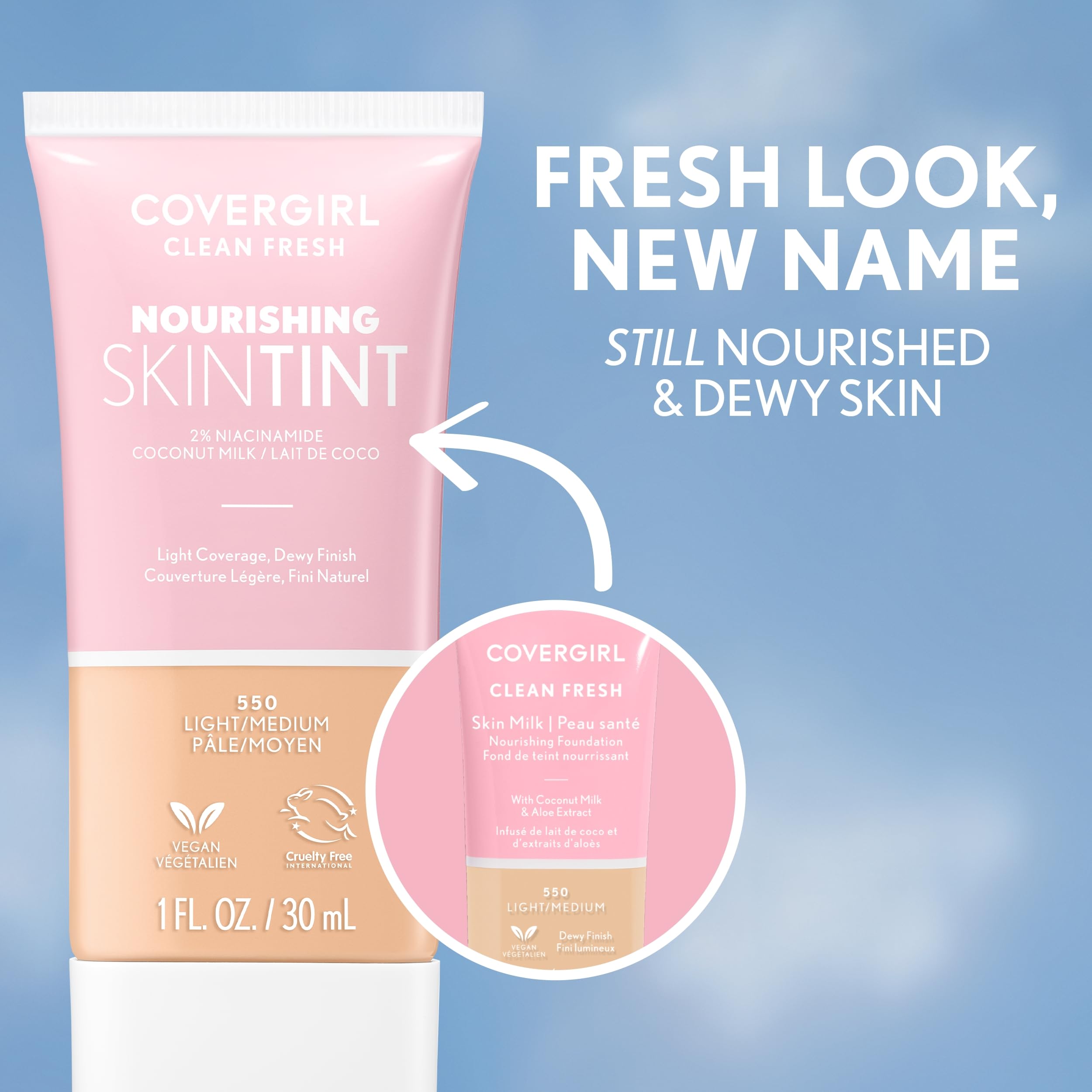 COVERGIRL Clean Fresh Nourishing Skin Tint dewy finish for healthy-looking skin.