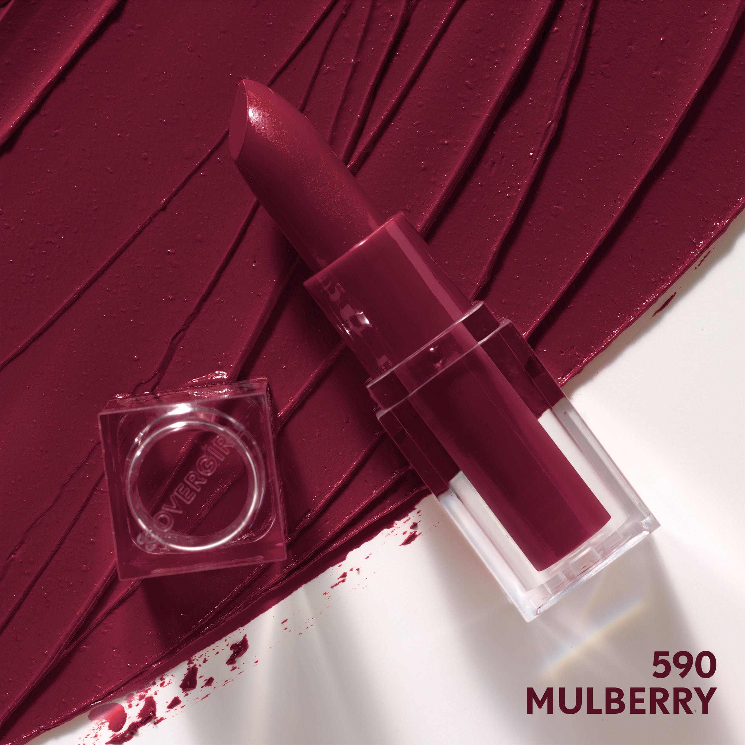 CoverGirl Clean Lip Color Mulberry packaging close-up highlighting vegan Carmine-free formula.