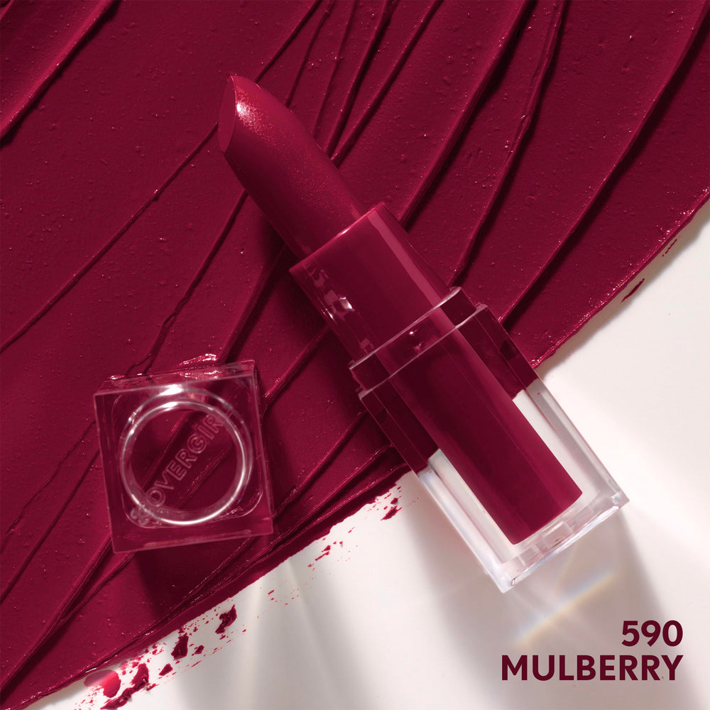 CoverGirl Clean Lip Color Mulberry packaging close-up highlighting vegan Carmine-free formula.