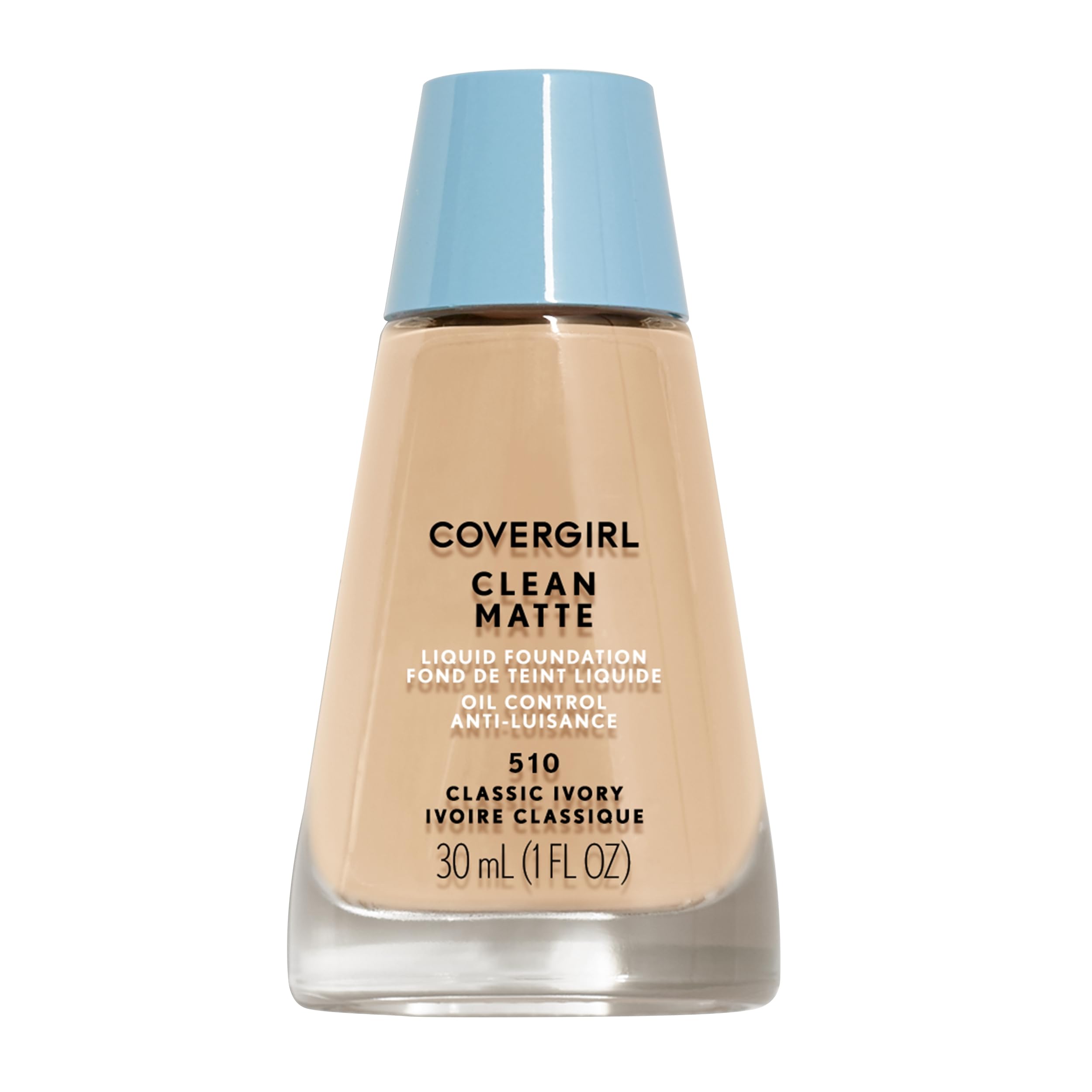 COVERGIRL Clean Matte Liquid Foundation Classic Ivory bottle close-up showing shine-control formula.