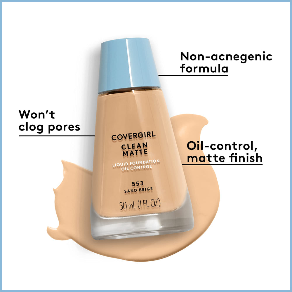 CoverGirl Clean Oil Control Liquid Makeup texture closeup highlights oil-absorbing formula for shine control.