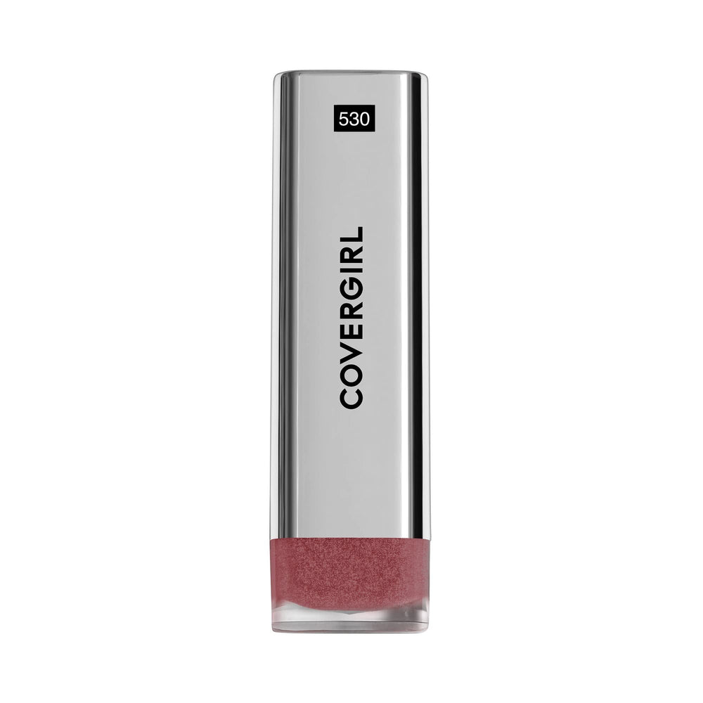 CoverGirl Exhibitionist Lipstick Metallic Ready Or Not 525 cream finish close-up shows subtle glow.