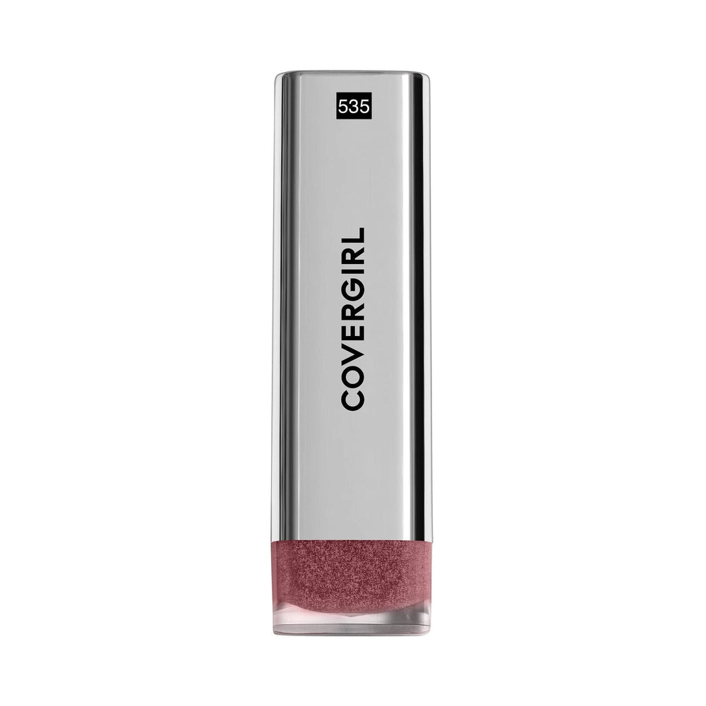 CoverGirl Exhibitionist Lipstick Metallic Ready Or Not 525 demi-matte finish close-up shows balanced texture.