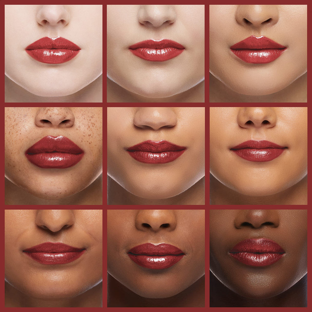 CoverGirl Exhibitionist Lipstick Metallic Ready Or Not 525 swatch on skin shows pigment depth.