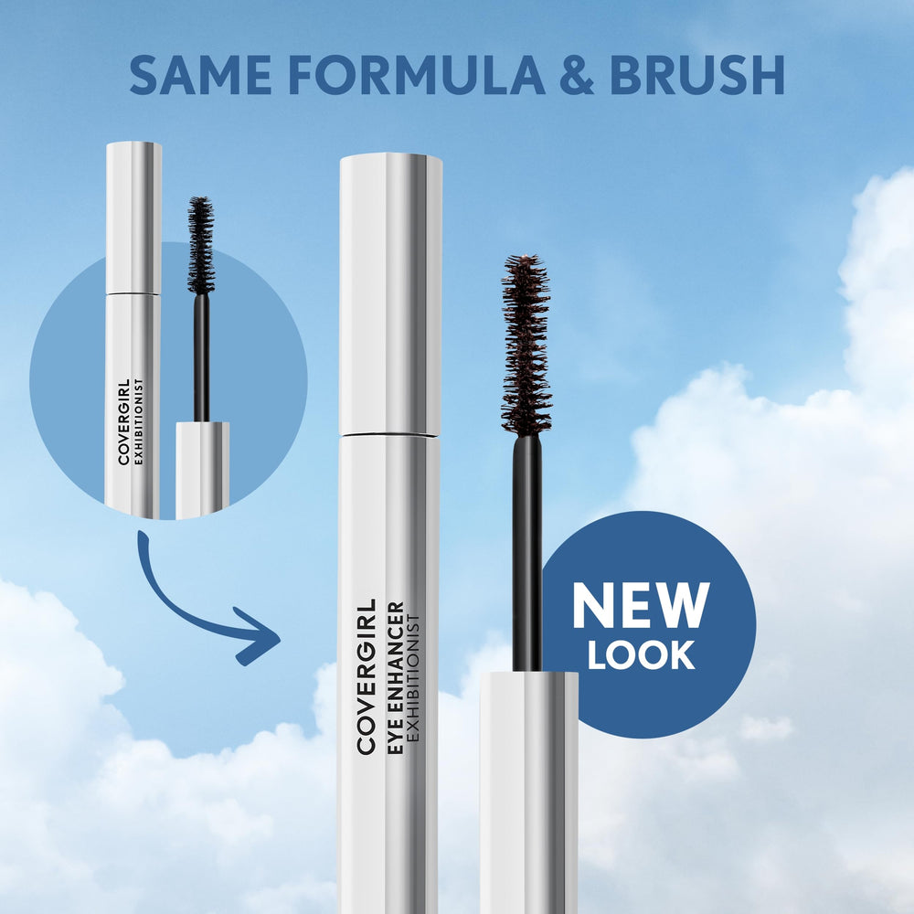 CoverGirl Exhibitionist Mascara bottle packaging highlights travel-friendly design.