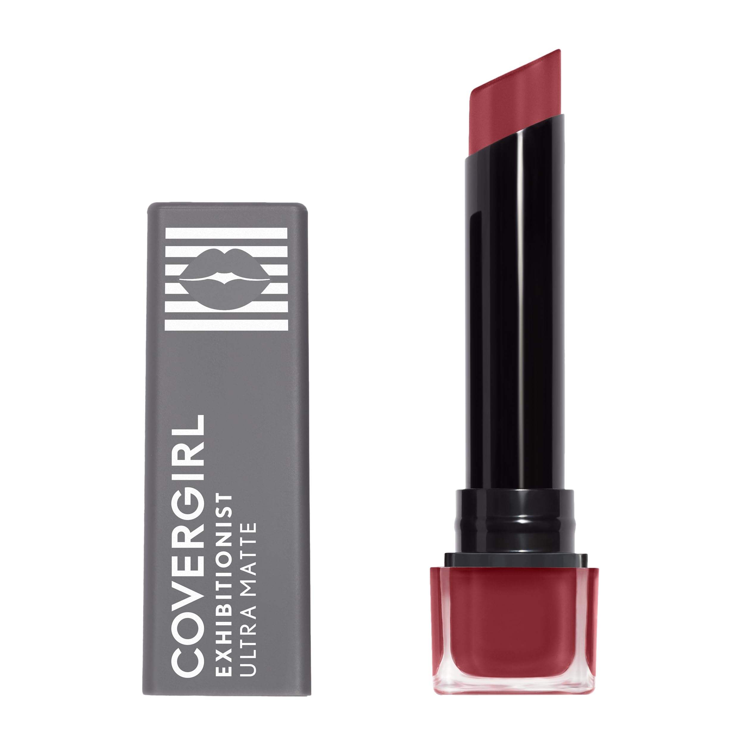 COVERGIRL Exhibitionist Ultra Matte Lipstick Soloist front view shows bold color with comfortable matte finish.