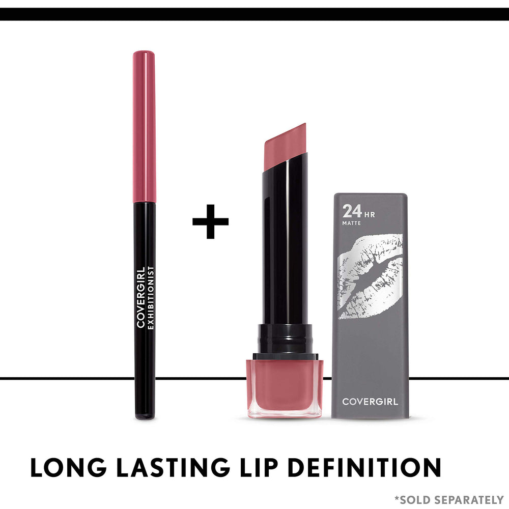 COVERGIRL Exhibitionist Ultra Matte Lipstick Soloist moisture-boost formula emphasizes lip comfort.