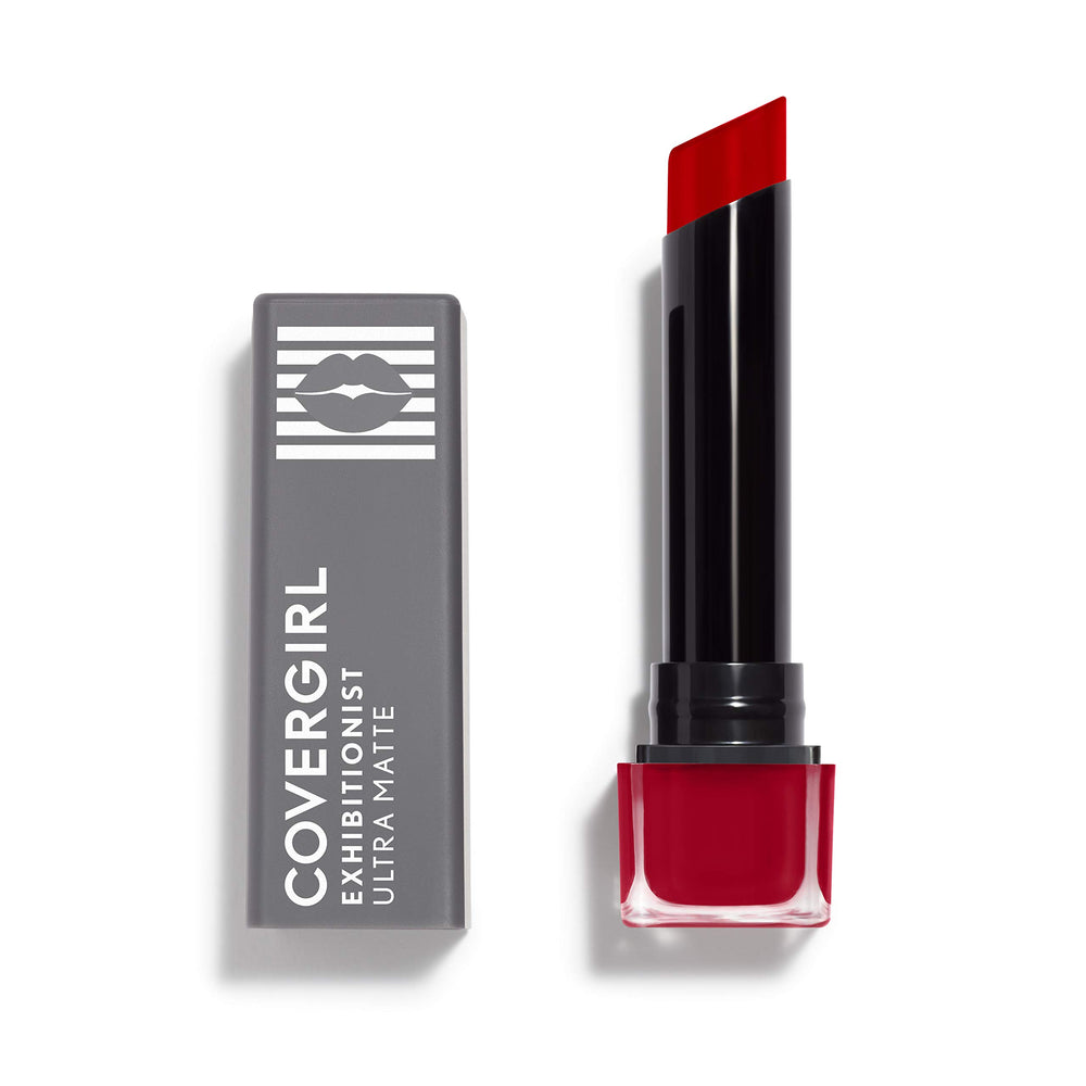 CoverGirl Exhibitionist Ultra Matte Lipstick Sweeten Up application shows transfer-resistant color