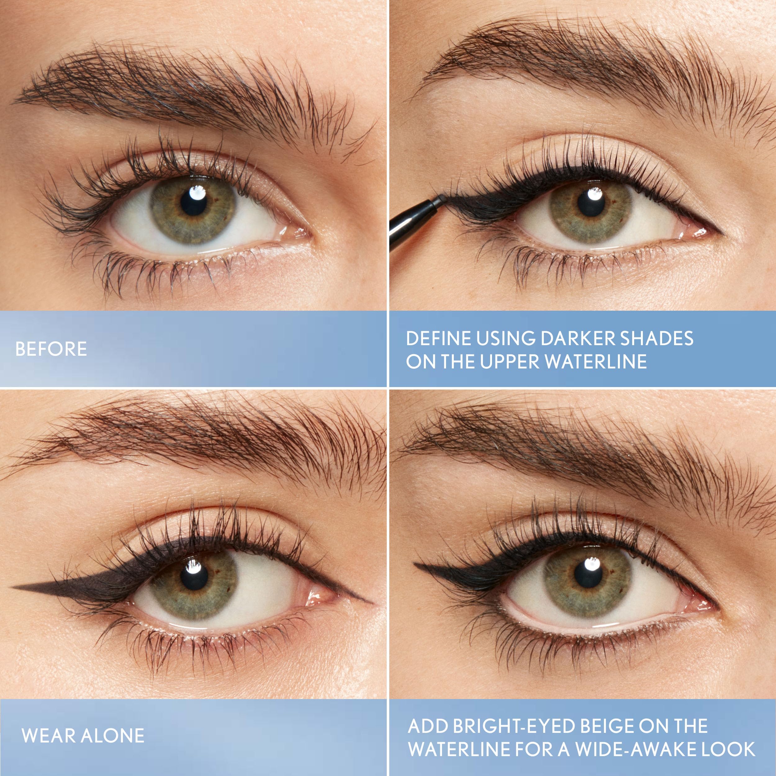 CoverGirl Perfect Point Plus Lashline fórmula sin parabenos y talco para ojos sensibles.