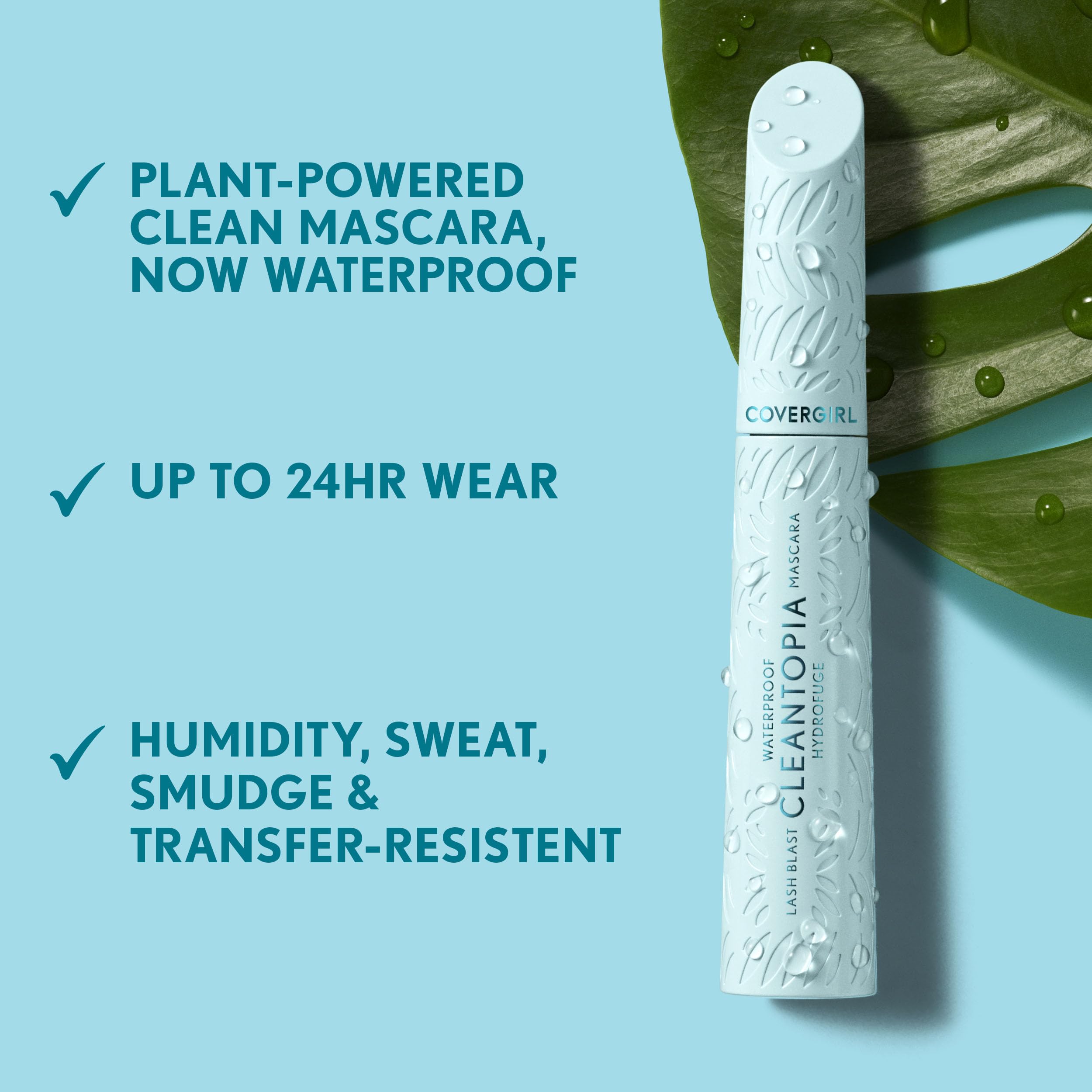COVERGIRL Lash Blast Cleantopia tube and label highlighting vegan clean formula