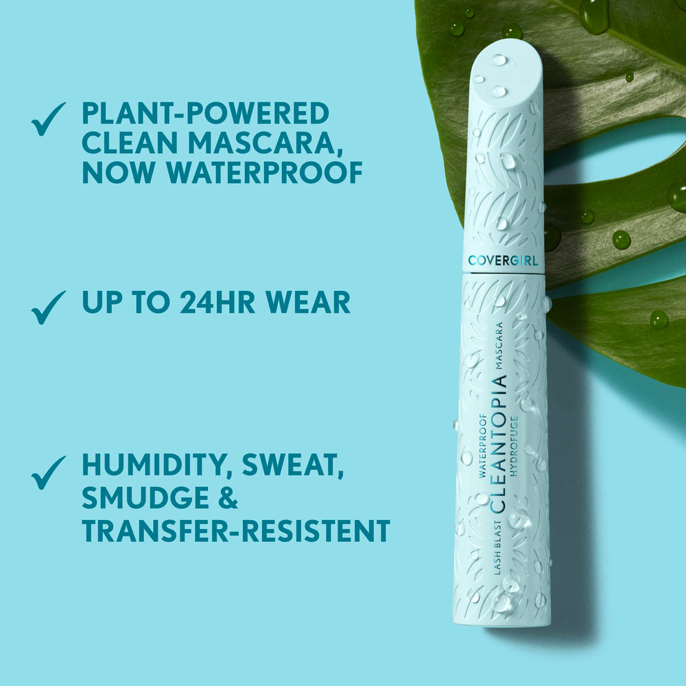 COVERGIRL Lash Blast Cleantopia tube and label highlighting vegan clean formula