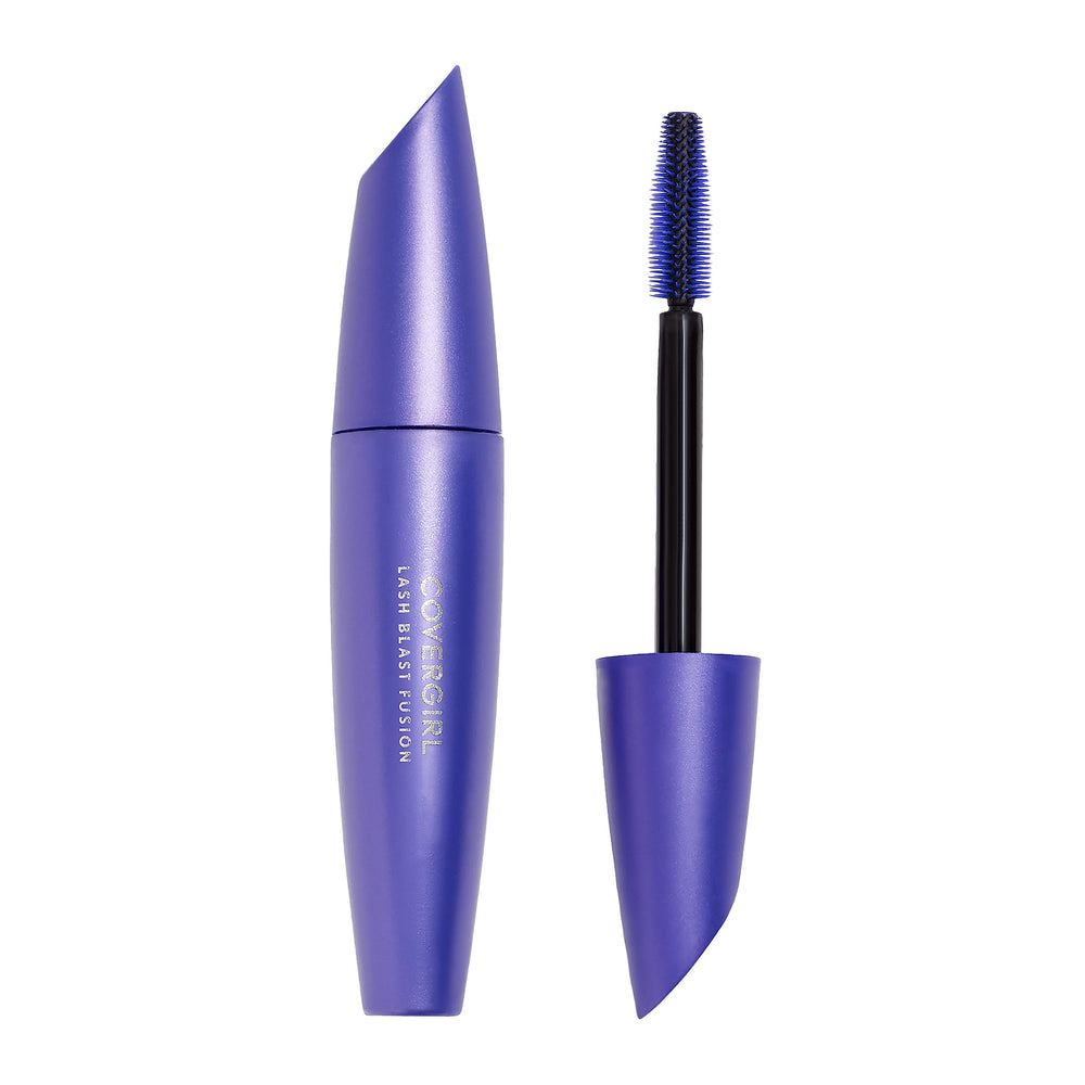 CoverGirl Lash Blast Fusion brown mascara wand close-up showing lengthening potential.