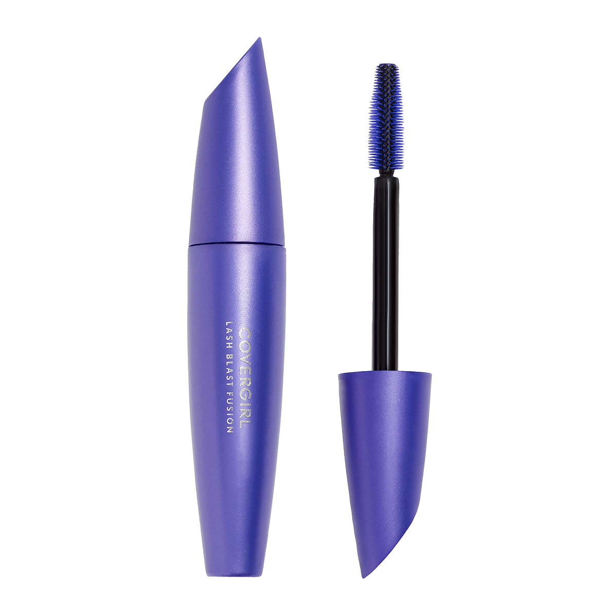 CoverGirl Lash Blast Fusion brown mascara wand close-up showing lengthening potential.