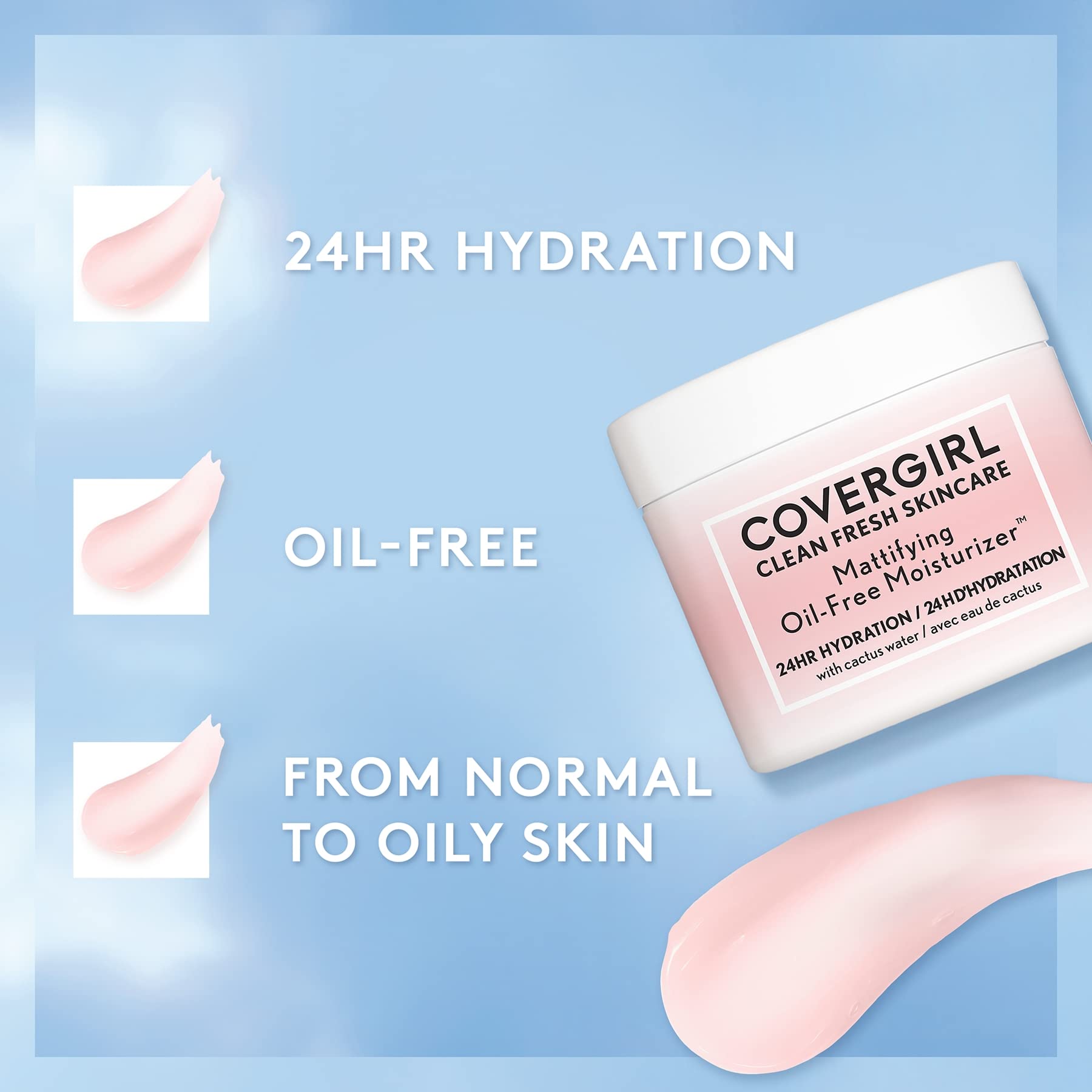 CoverGirl Oil-free formula on packaging emphasizes lightweight feel.