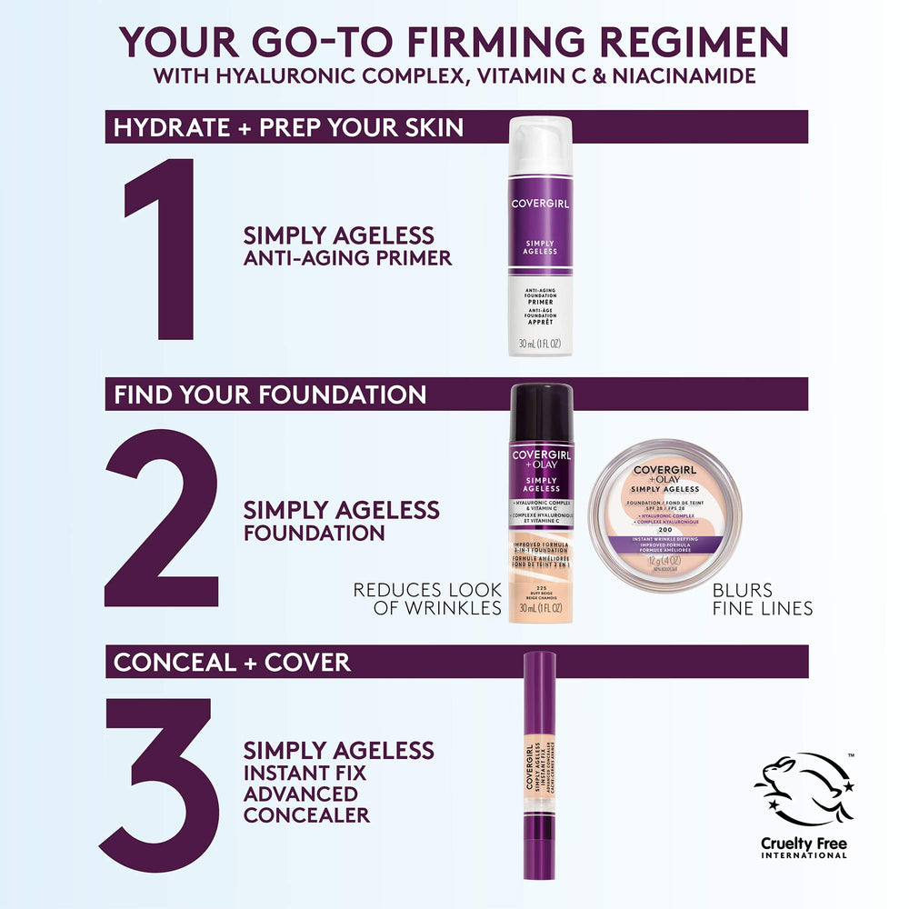 CoverGirl & Olay Simply Ageless hyaluronic formula highlight for hydrated, firmer-looking skin.
