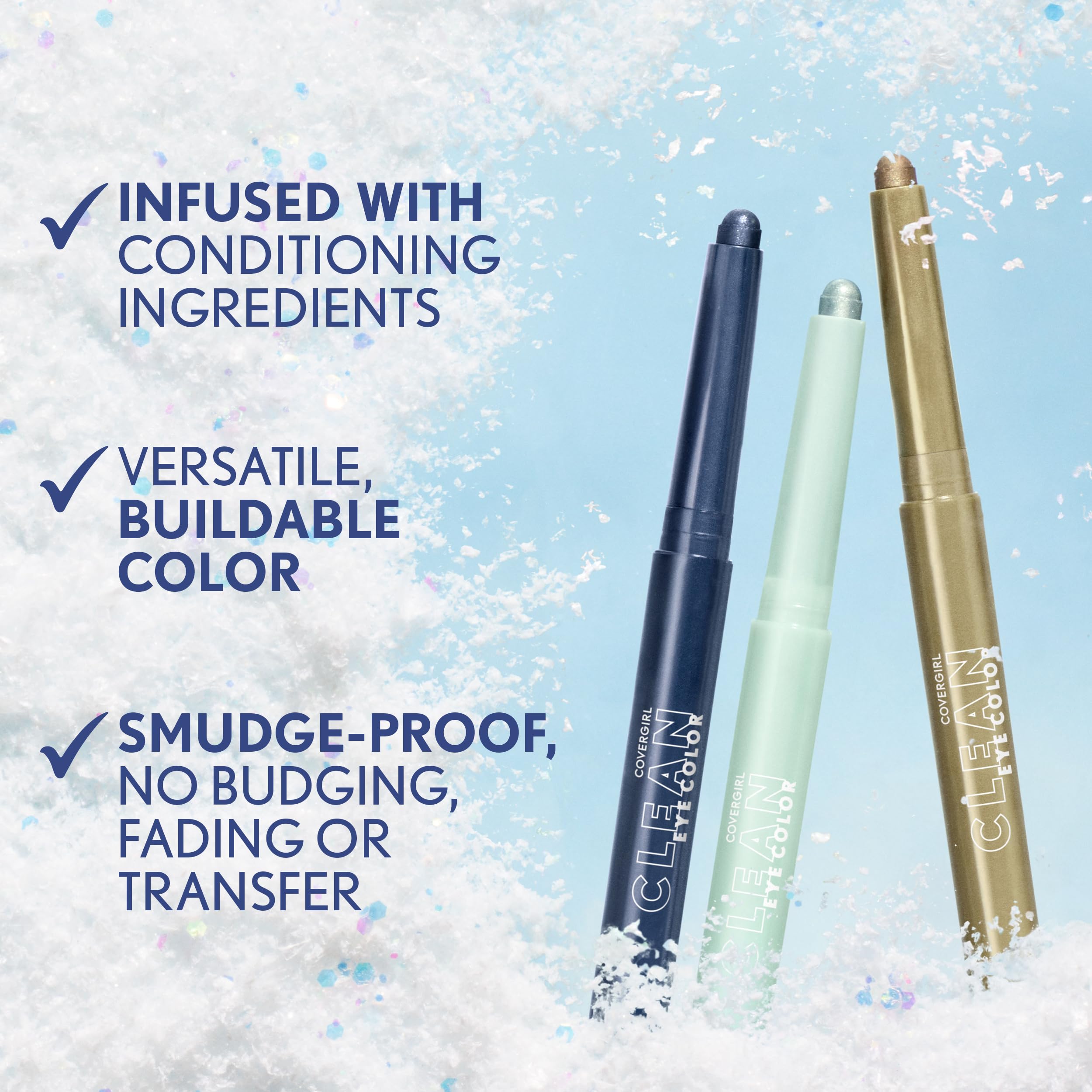 CoverGirl one-swipe color application highlights quick shimmer for busy mornings.