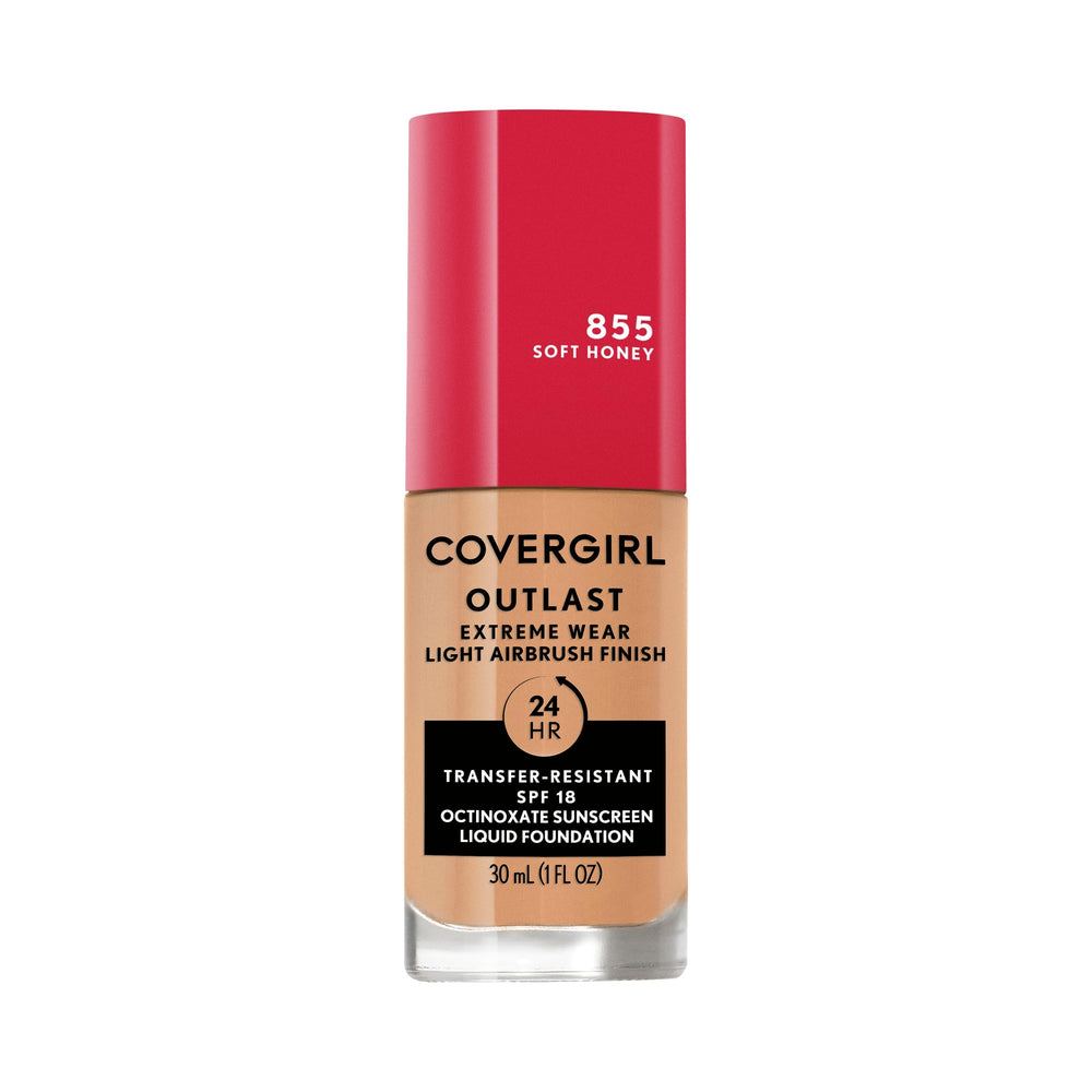 Covergirl Outlast Extreme Wear bottle close-up showing lightweight formula for all-day coverage.