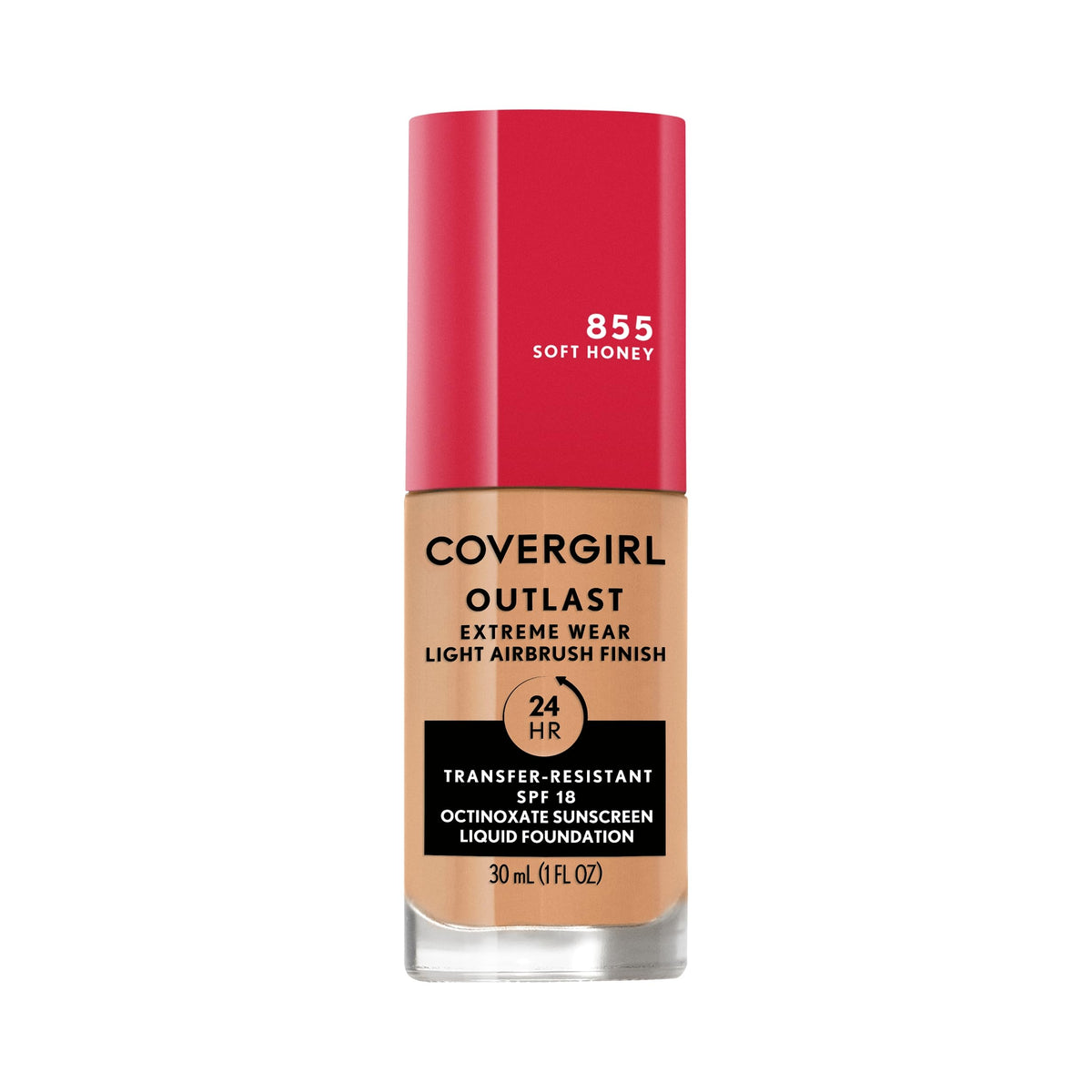 Covergirl Outlast Extreme Wear bottle close-up showing lightweight formula for all-day coverage.
