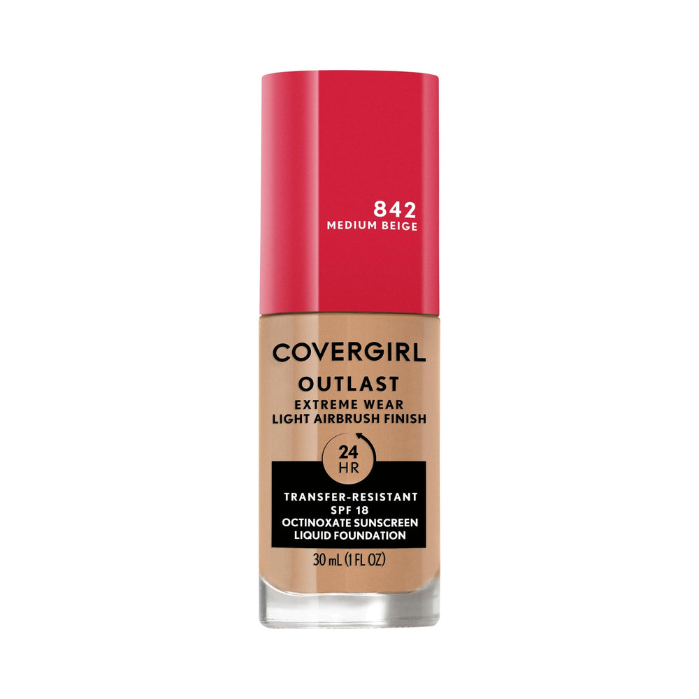 Covergirl Outlast Extreme Wear bottle closeup highlighting lightweight texture for all-day wear