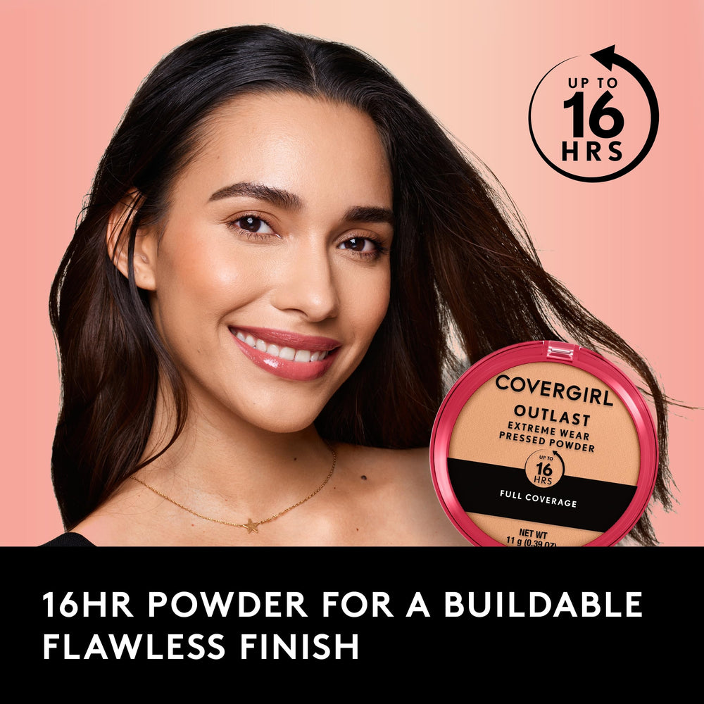 COVERGIRL Outlast Extreme Wear powder being applied on cheek demonstrates shine-free, long-lasting look