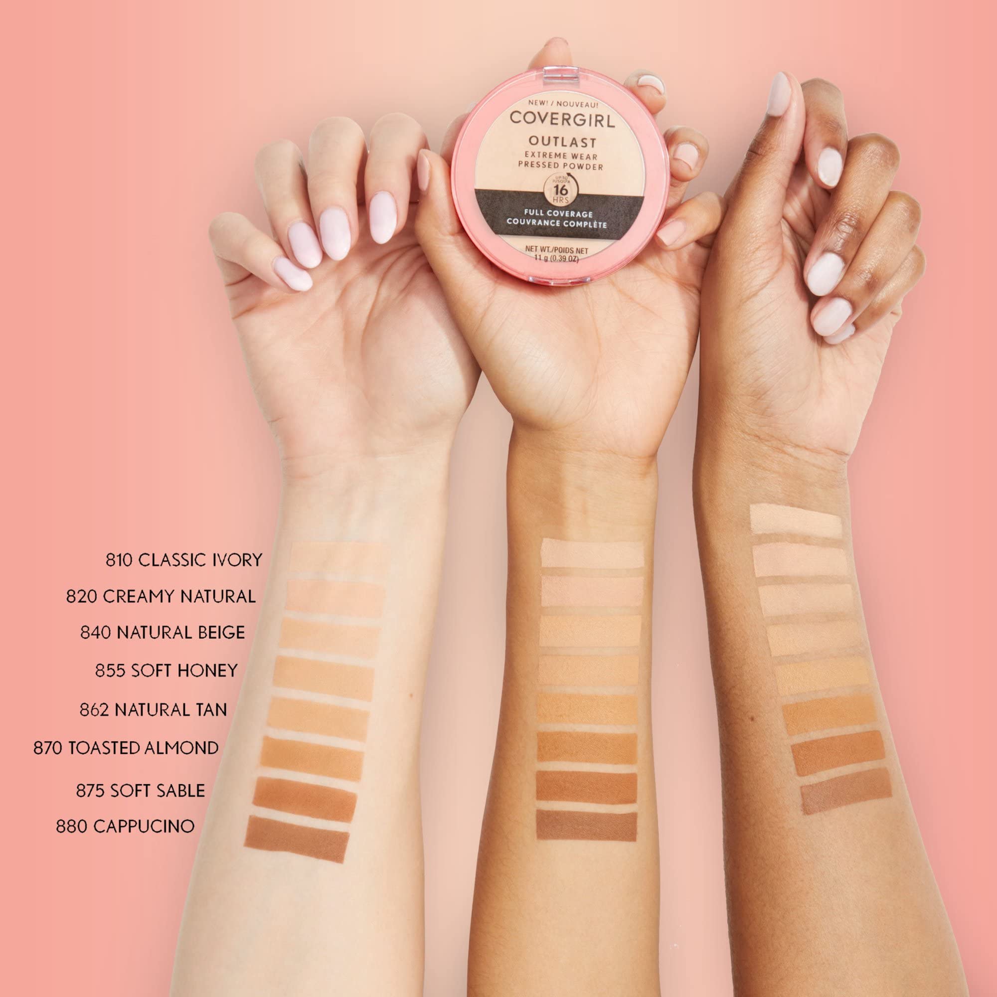 Covergirl Outlast Extreme Wear pressed powder Cappuccino shade on face promotes natural-looking wear.
