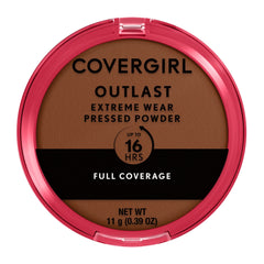 Covergirl Outlast Extreme Wear pressed powder compact open shows Cappuccino shade for long-lasting finish.