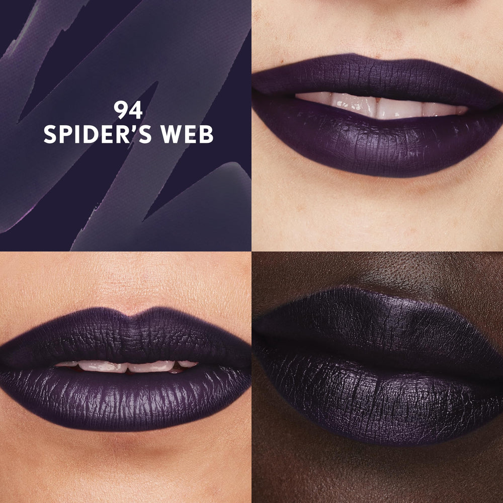 CoverGirl Outlast Spider's Web Lipstain color swatch demonstrates buildable, Halloween-inspired shade