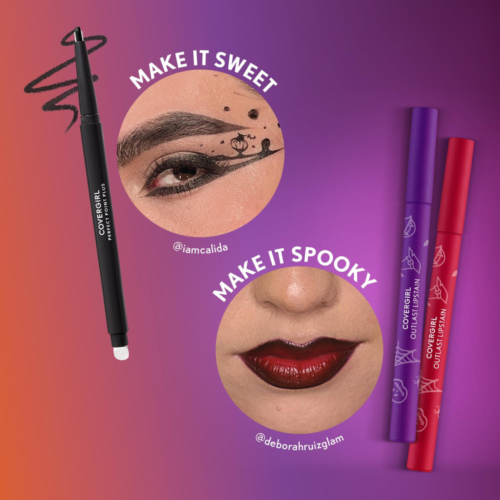 CoverGirl Outlast Spider's Web Lipstain wand close-up shows decorated Halloween design