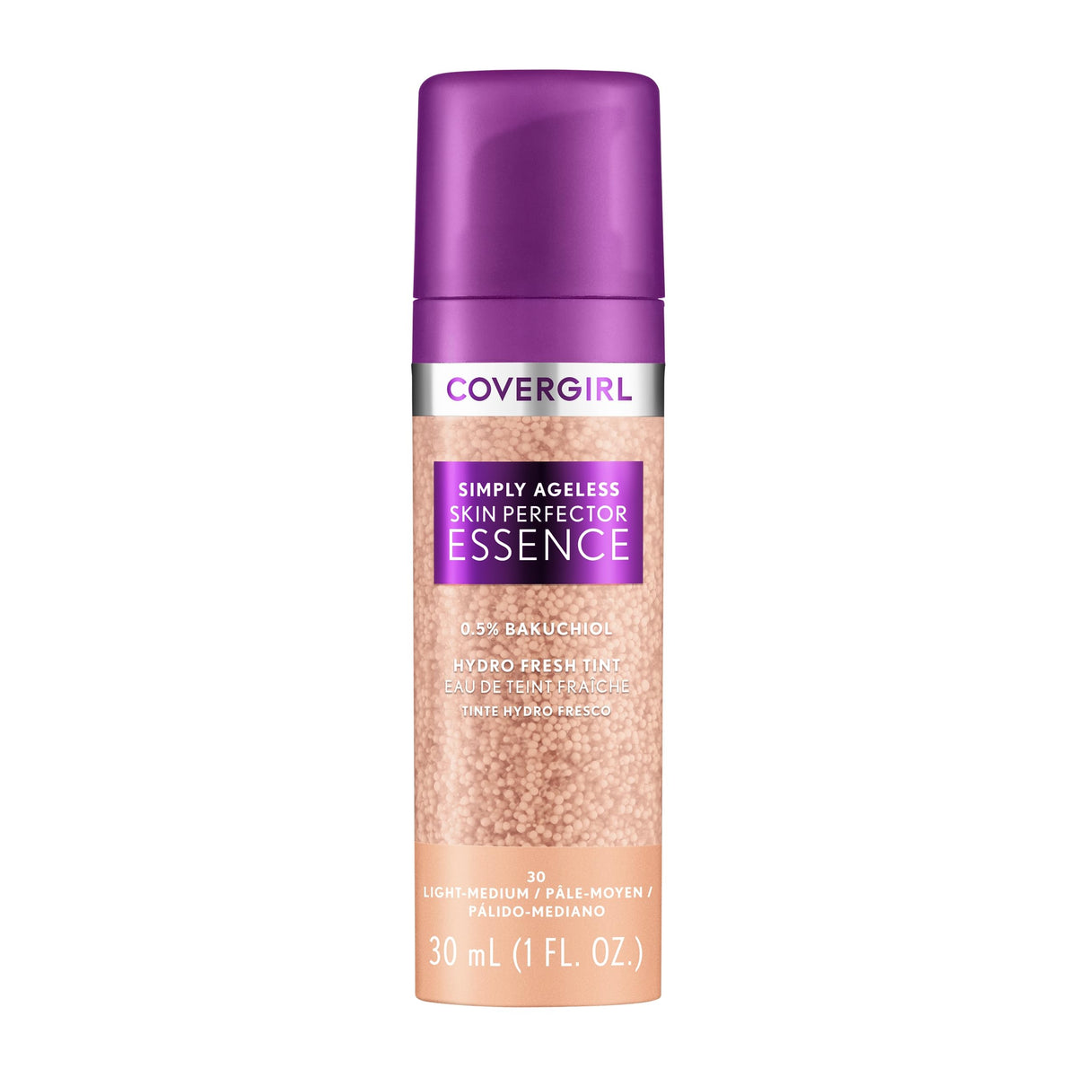 Covergirl Simply Ageless bottle close-up shows radiant, hydrated skin.
