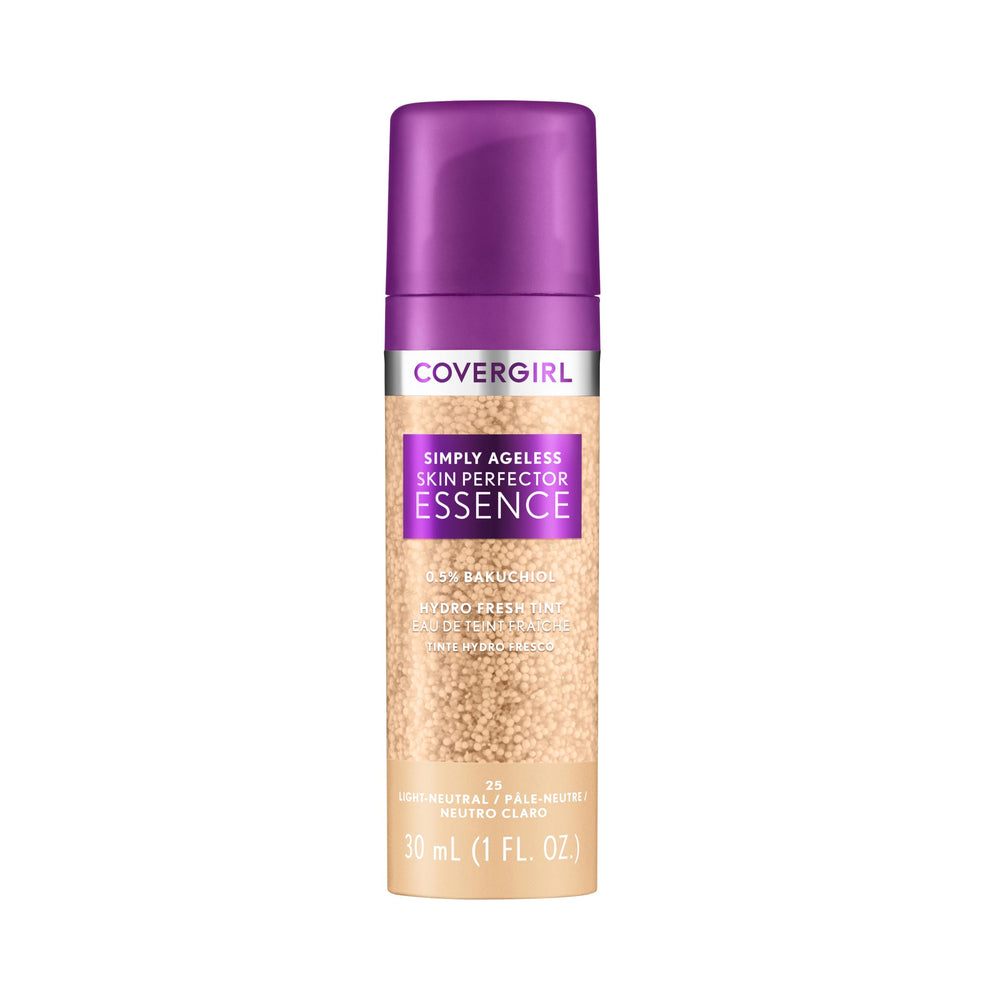 CoverGirl Simply Ageless bottle pour shows hydrating gel texture for radiant skin.