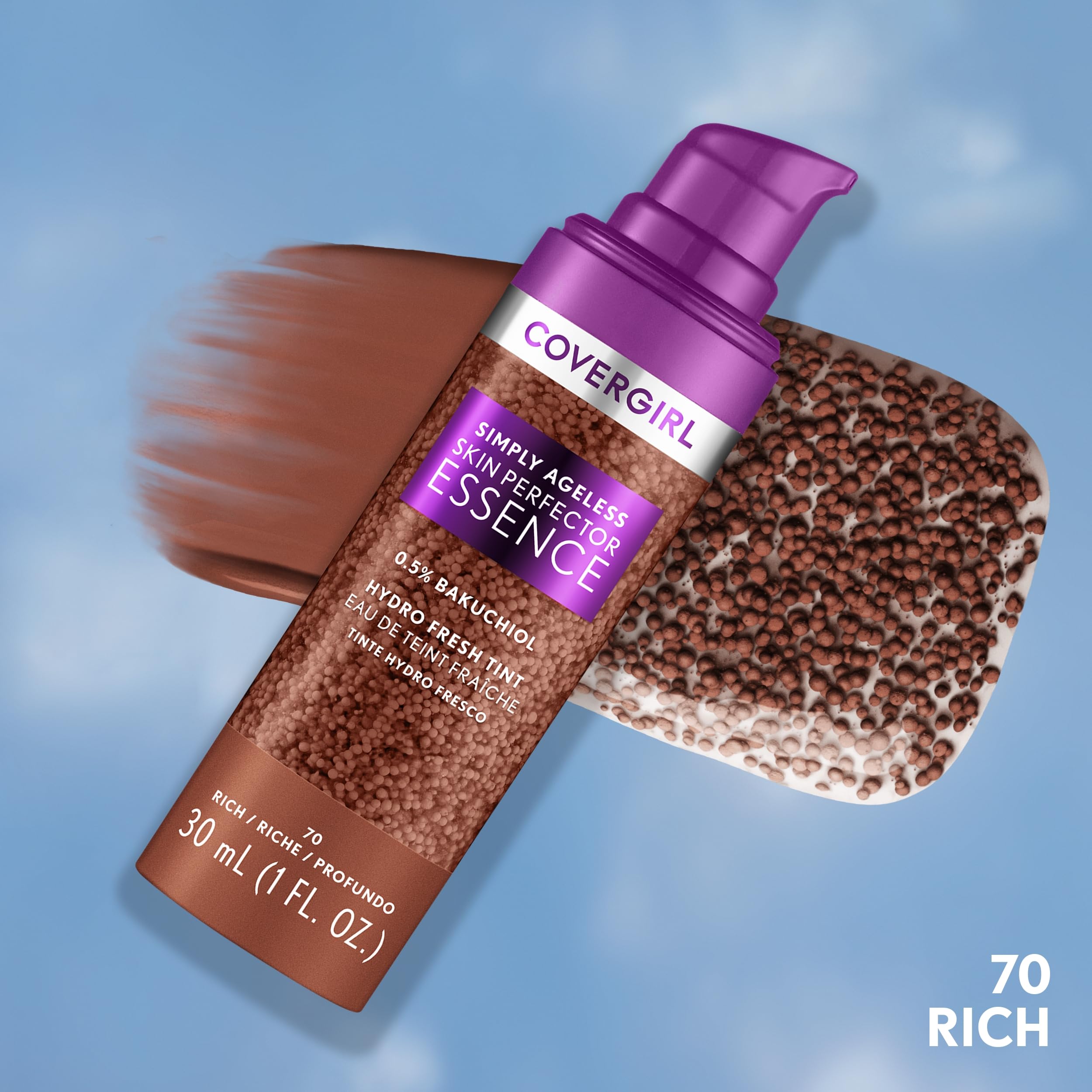 Covergirl Simply Ageless capsule swatch shows sheer radiant tint for skin.