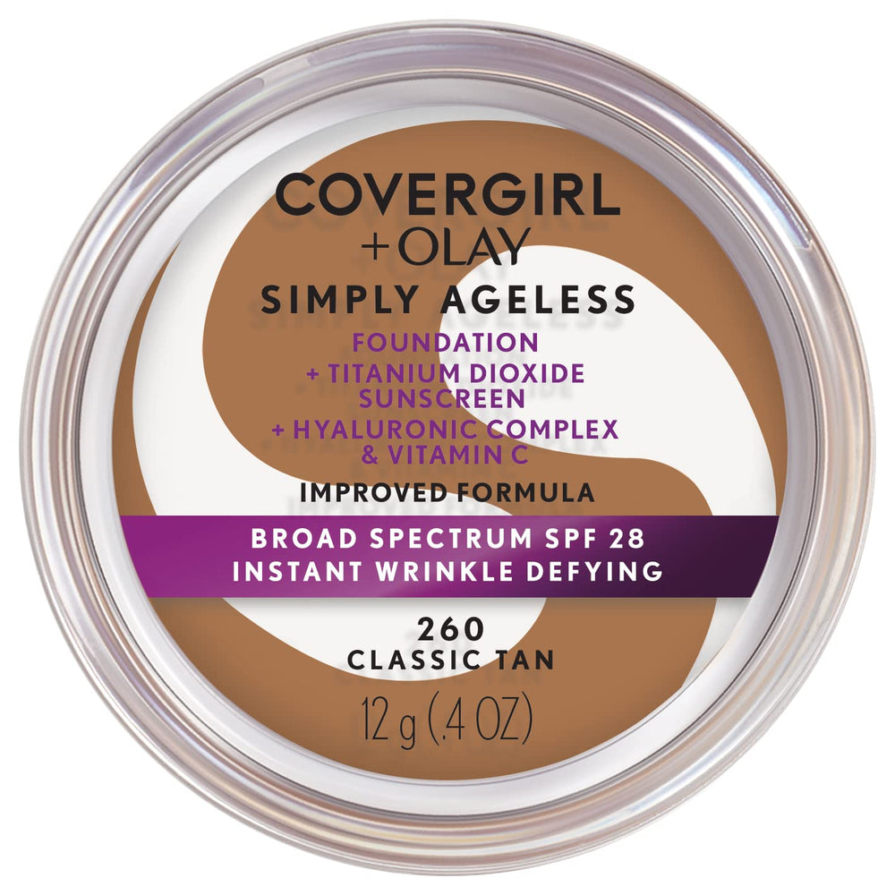 CoverGirl Simply Ageless foundation bottle 260 Classic Tan promises a smoother, sun-protected complexion.