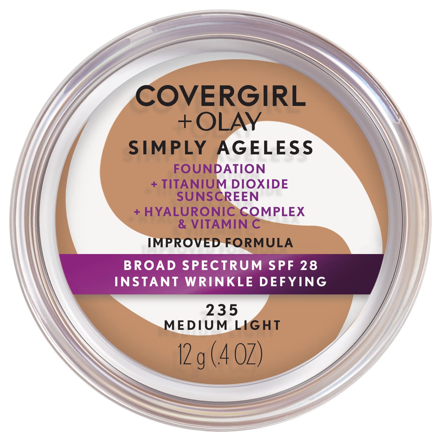 CoverGirl Simply Ageless foundation bottle closeup highlights flawless coverage and SPF protection.