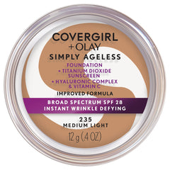 CoverGirl Simply Ageless foundation bottle closeup highlights flawless coverage and SPF protection.