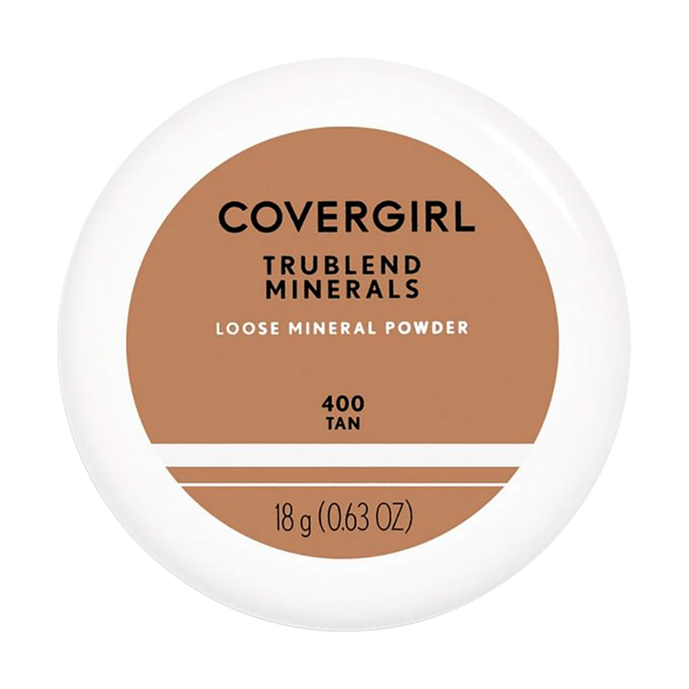 CoverGirl TruBlend loose mineral powder Tan jar shows ultra-fine formula for smooth, long-lasting makeup.