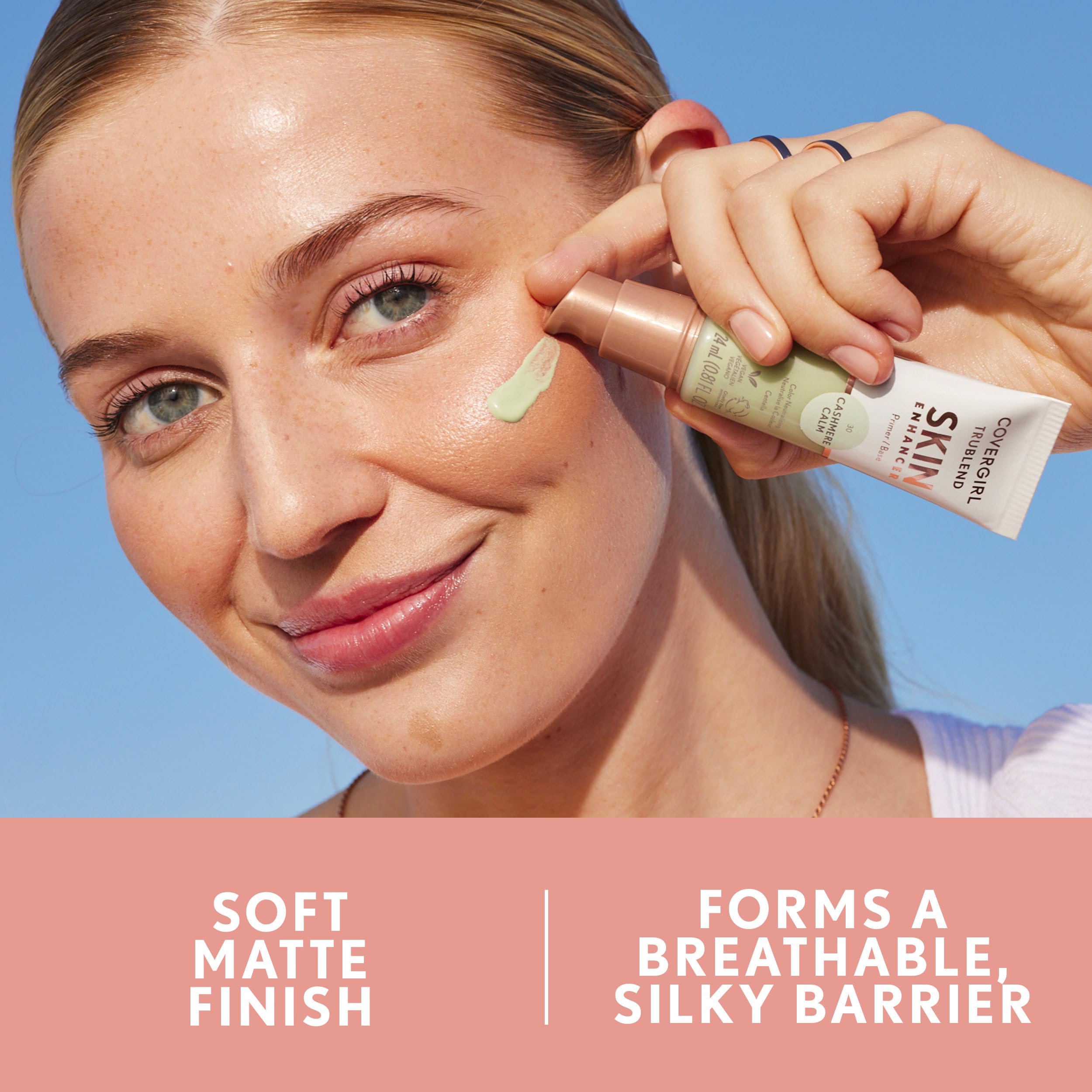 CoverGirl TruBlend Skin Enhancer Cashmere Calm swirl texture highlights skin-softening primer benefits.