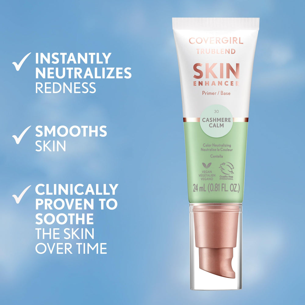CoverGirl TruBlend Skin Enhancer Cashmere Calm under-makeup shot suggests smoother base beneath foundation.
