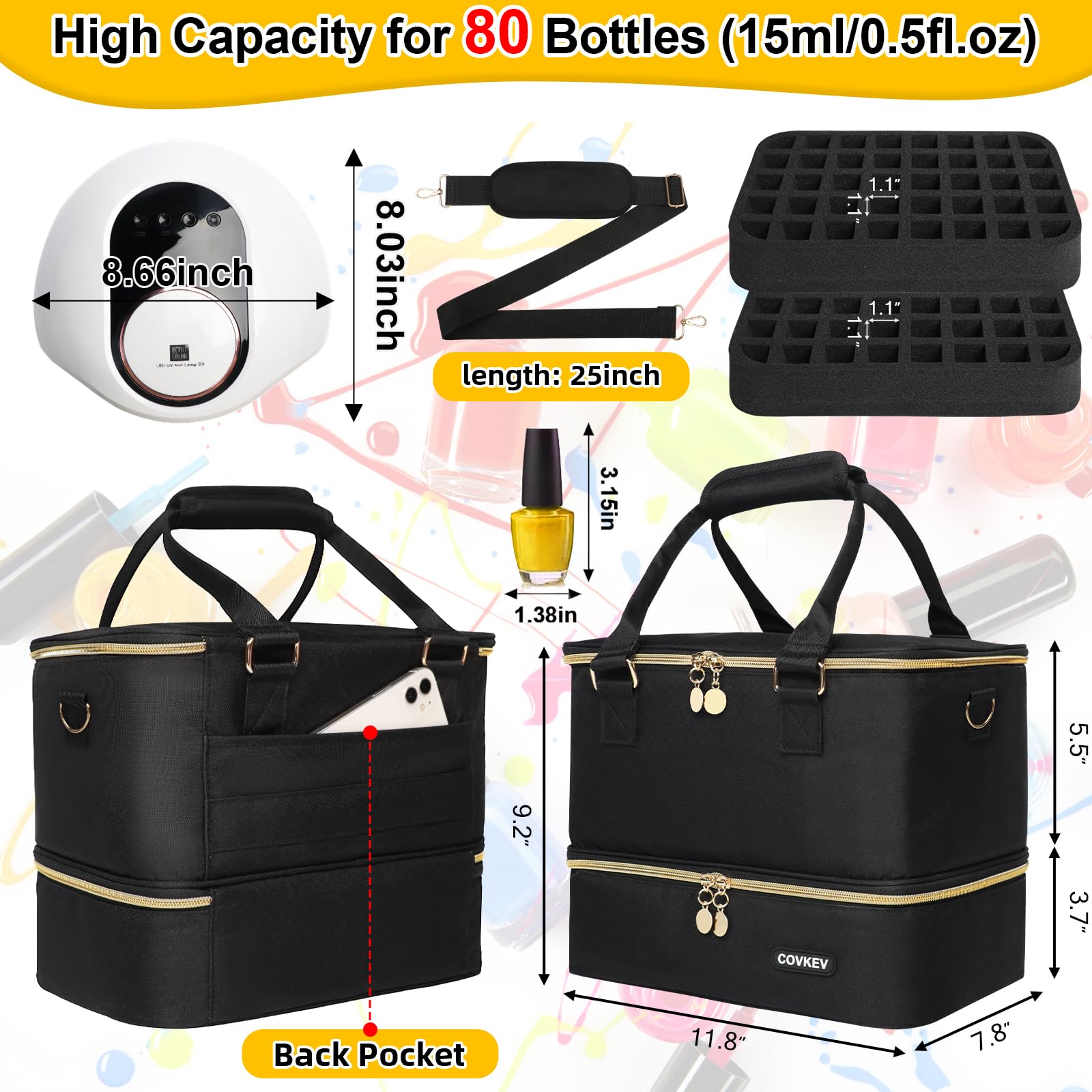 Covkev bag dimensions 11.8 by 7.8 by 9.2 inches.