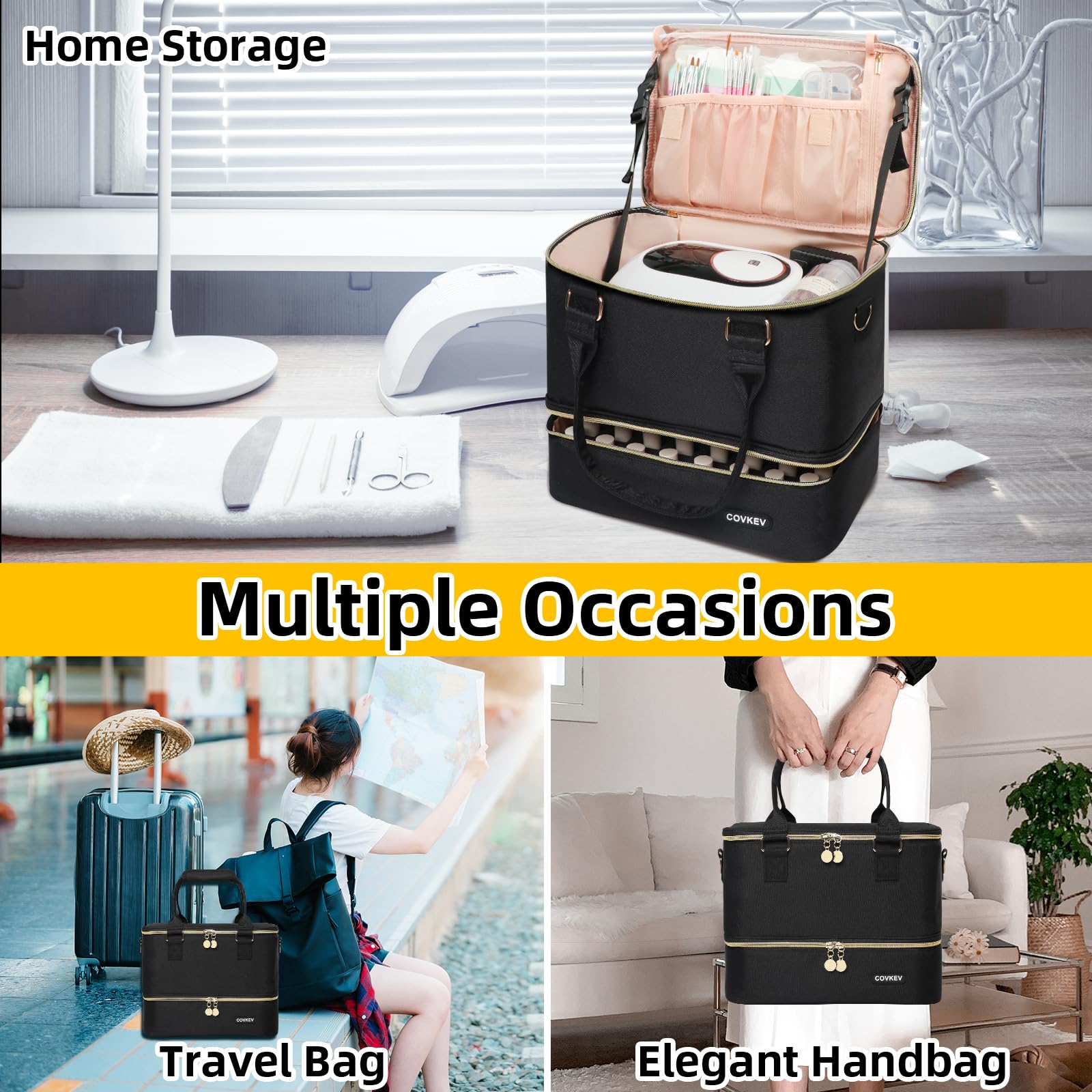 Covkev bag offers double handles and a soft shoulder strap.