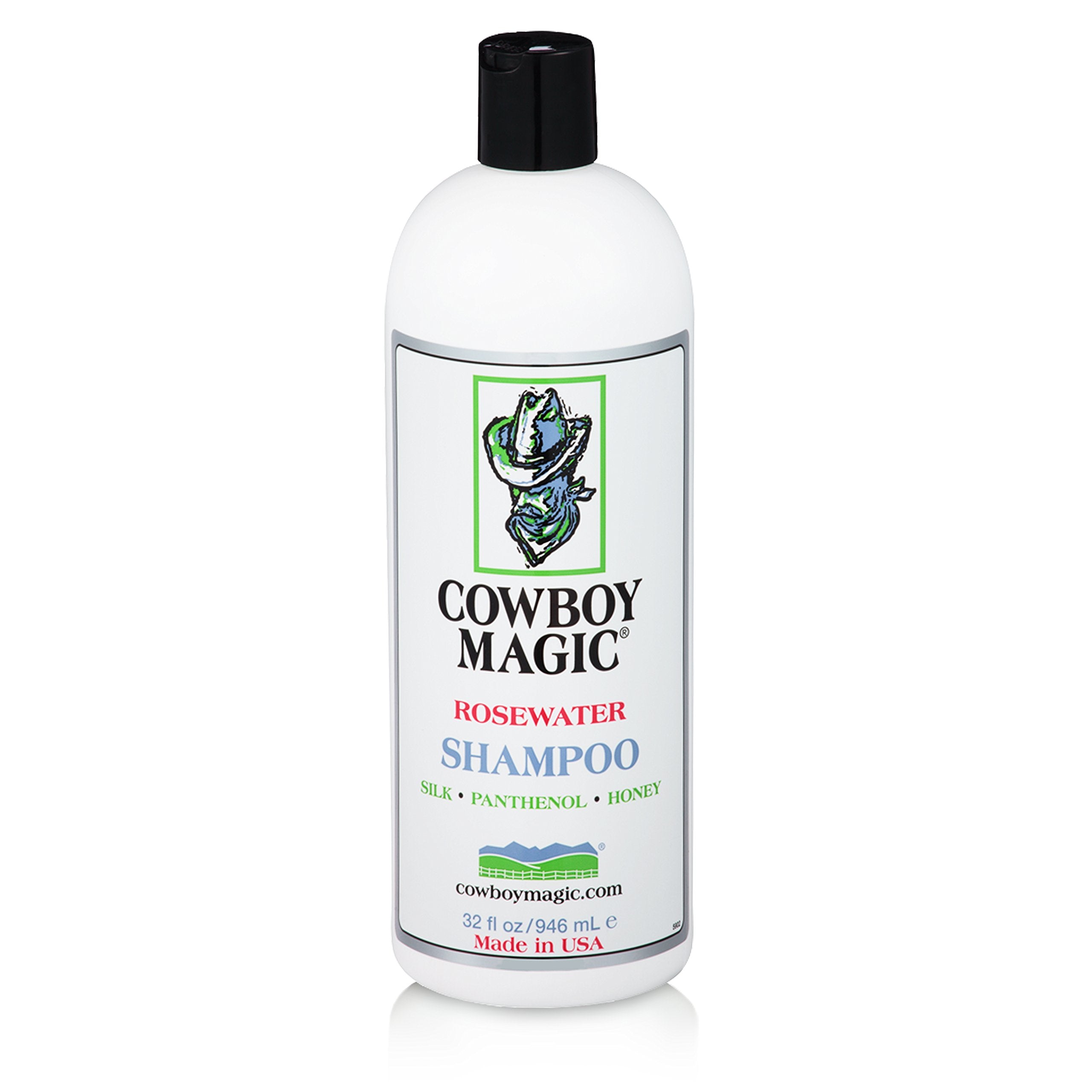 Cowboy Magic Shampoo bottle pour highlighting fast rinse action and deep conditioning.