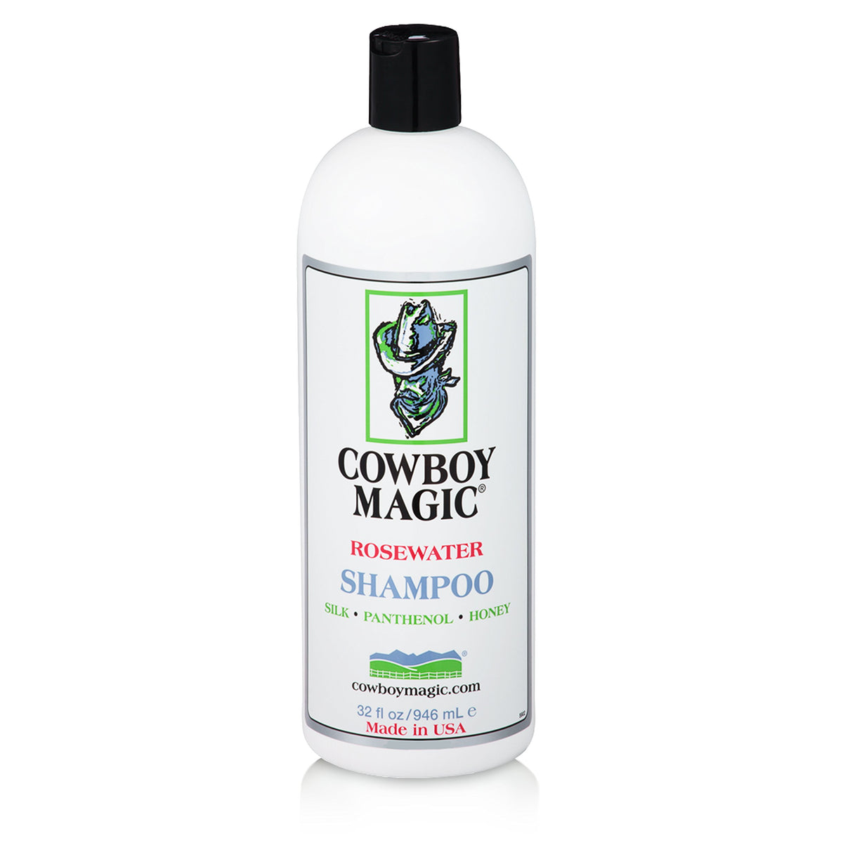 Cowboy Magic Shampoo bottle pour highlighting fast rinse action and deep conditioning.
