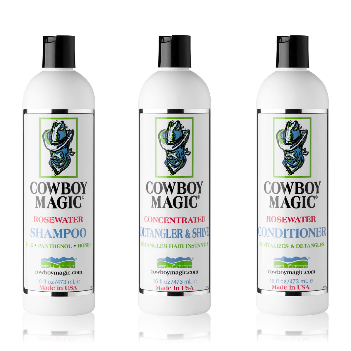 Cowboy Magic shampoo bottle highlights silk and honey for shiny coats.