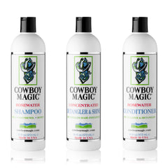 Cowboy Magic shampoo bottle highlights silk and honey for shiny coats.