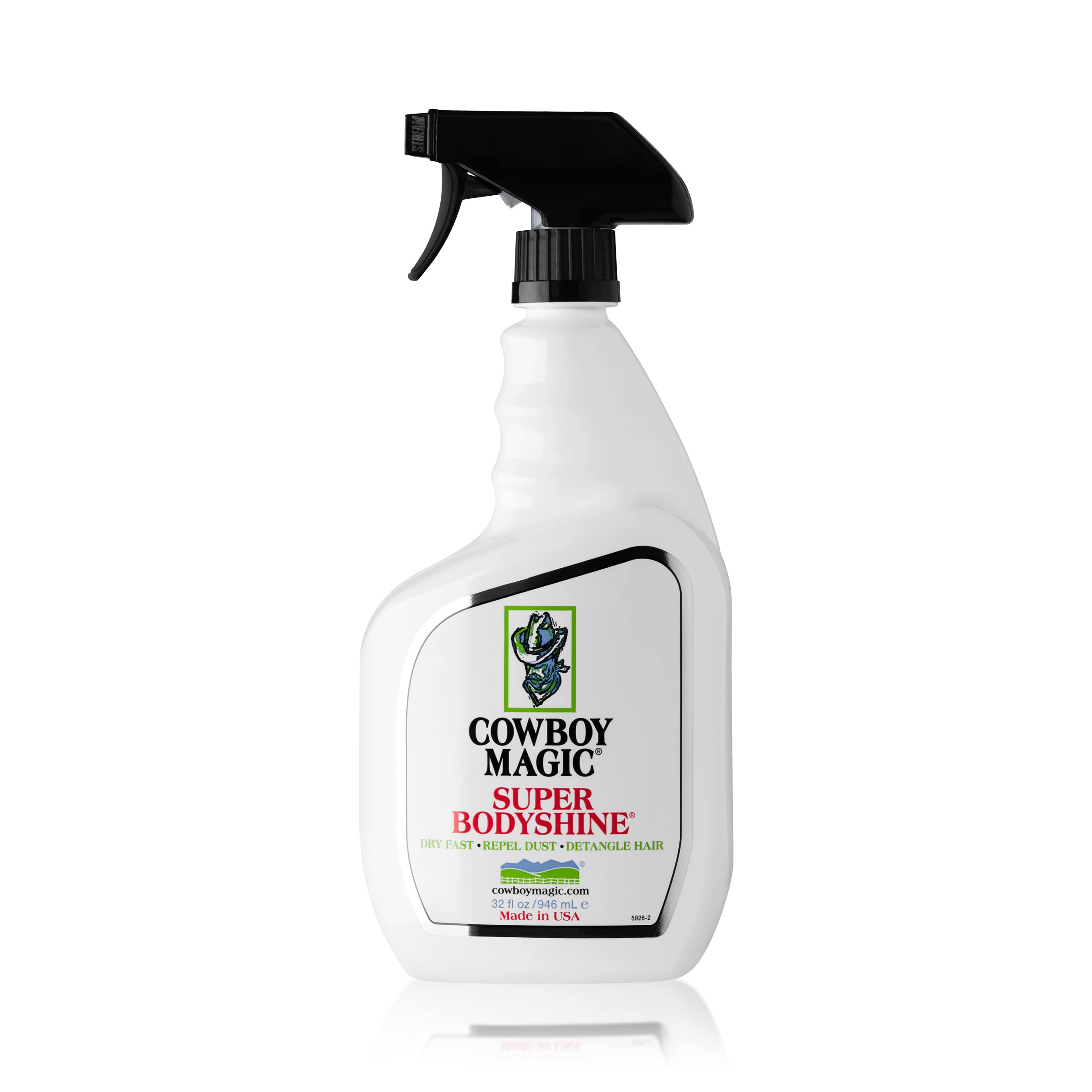 Cowboy Magic Super Body Shine Spray nozzle dispensing for quick-dry shine.