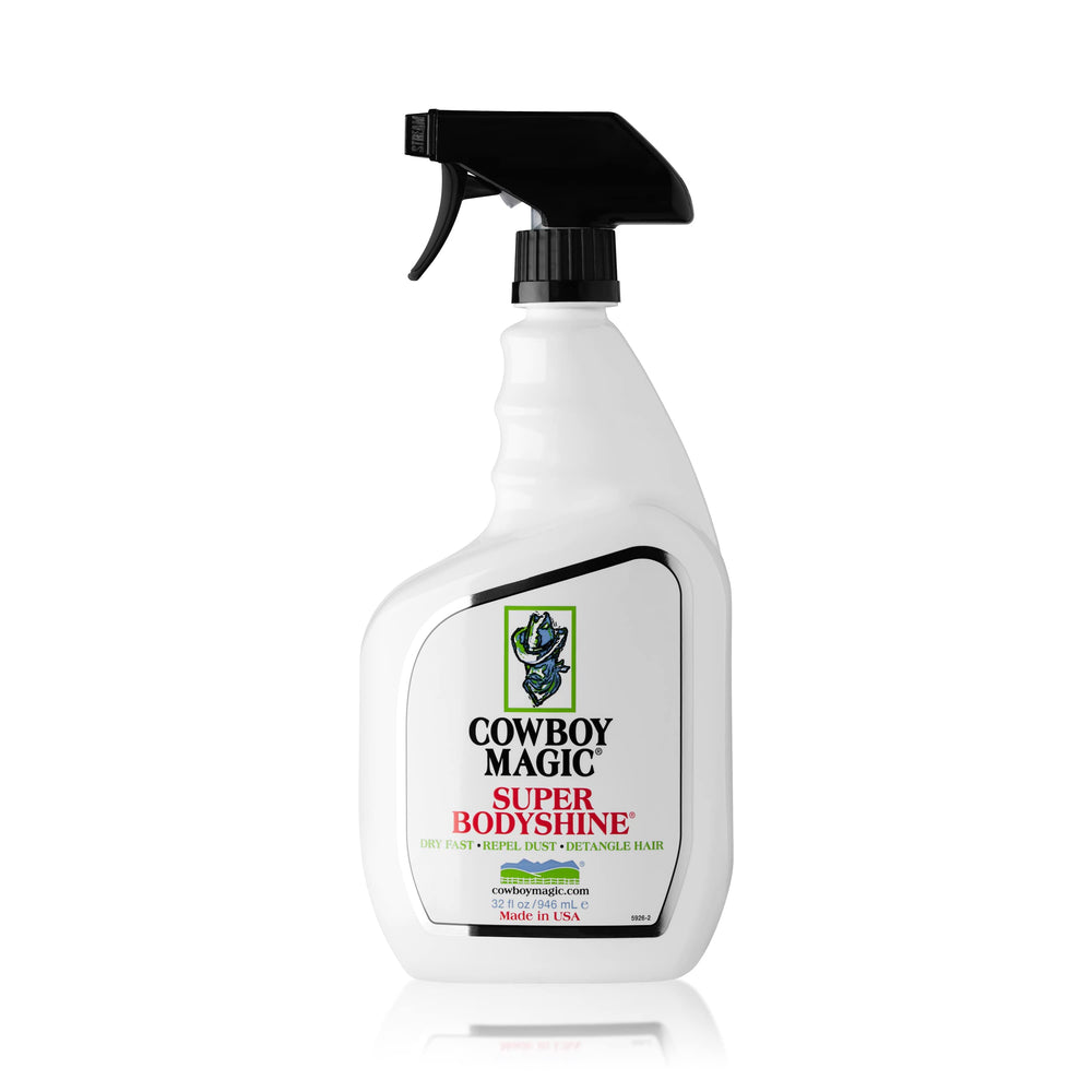 Cowboy Magic Super Body Shine Spray nozzle dispensing for quick-dry shine.