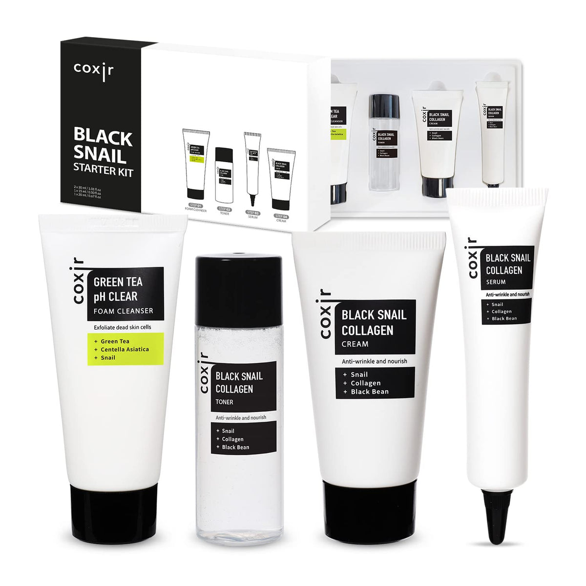 coxir Black Snail Collagen Starter Kit foam cleanser: refreshing cleanse for soft, hydrated skin.
