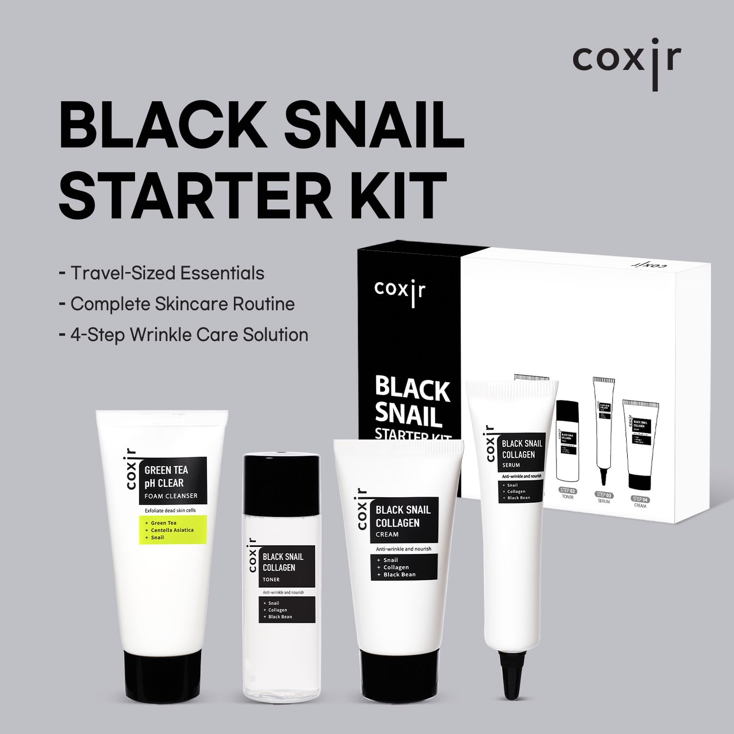 coxir Black Snail Collagen Starter Kit serum: lightweight hydration with snail mucin.