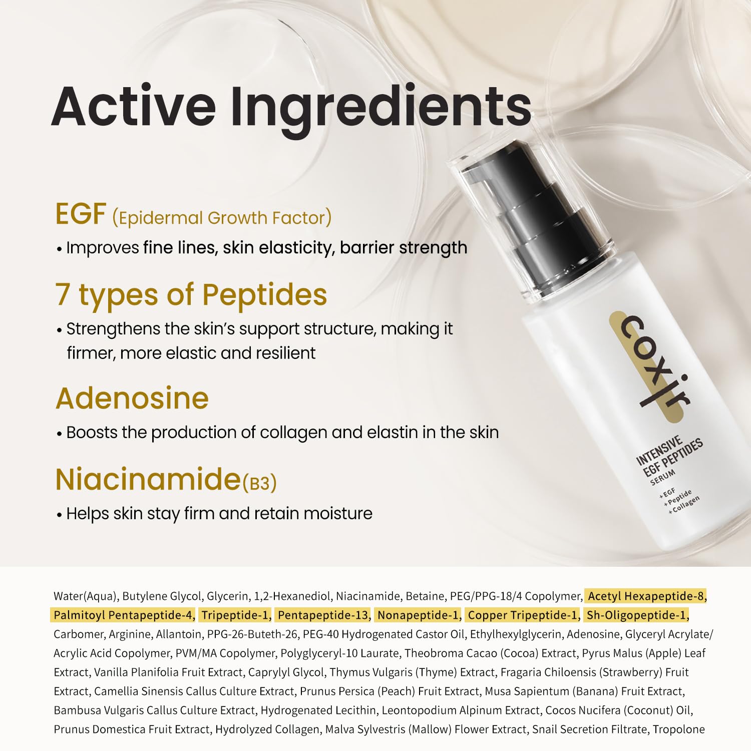 coxir Intensive EGF Peptides Serum application-ready, suitable for day and night use.